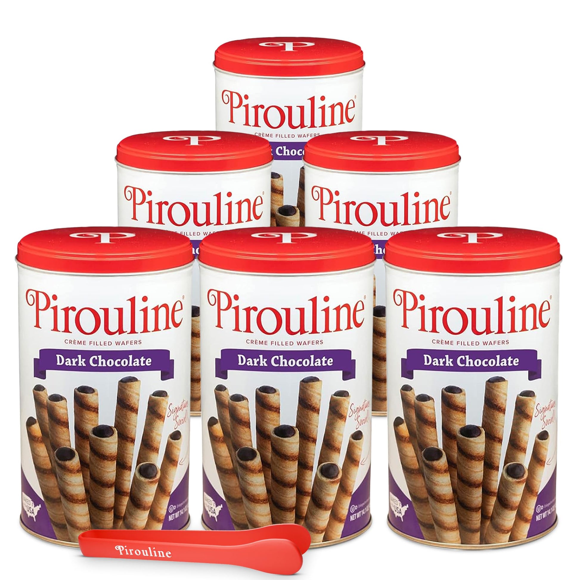 Pirouline Rolled Wafers – Dark Chocolate – Rolled Wafer Sticks Bundled With Serving Tongs, Crème Filled Wafers For Coffee, Tea, Ice Cream, Snacks, Parties, Gifts, And More – 14Oz Tin 6Pk