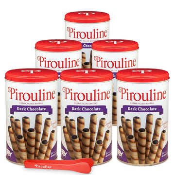 Pirouline Rolled Wafers – Dark Chocolate – Rolled Wafer Sticks Bundled With Serving Tongs, Crème Filled Wafers For Coffee, Tea, Ice Cream, Snacks, Parties, Gifts, And More – 14Oz Tin 6Pk