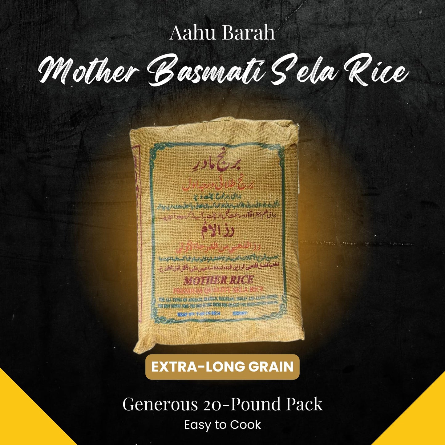 Aahu Barah Mother Basmati Sela Rice - Premium Extra-Long Grain - 20lb Pack - White