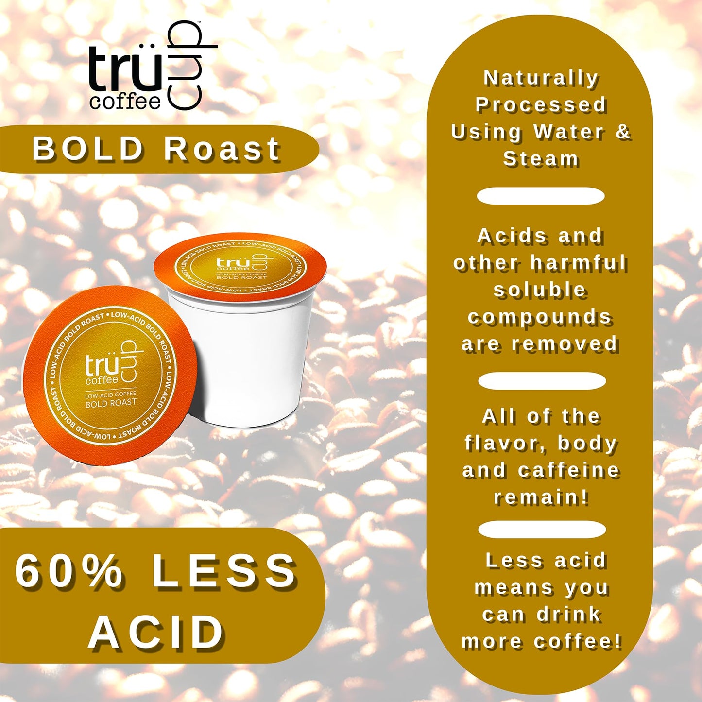 TRUCUP Low Acid Coffee Pods - Bold Roast, 48 Count, Single Serve, Gentle on Stomach