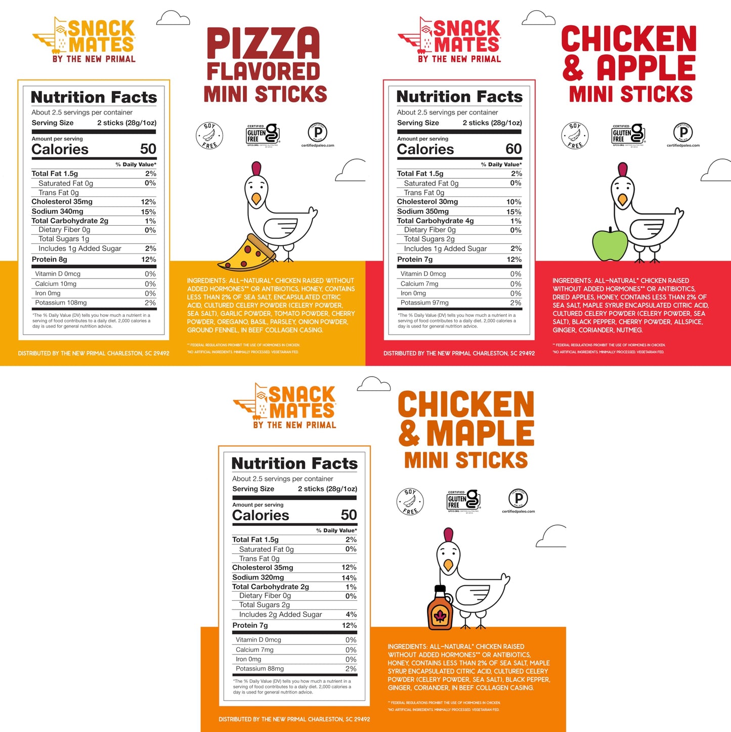 Snack Mates by New Primal Sampler Three Flavor Pack, Mini Chicken Sticks, High Protein and Low Sugar Kids Snack, Certified Glute