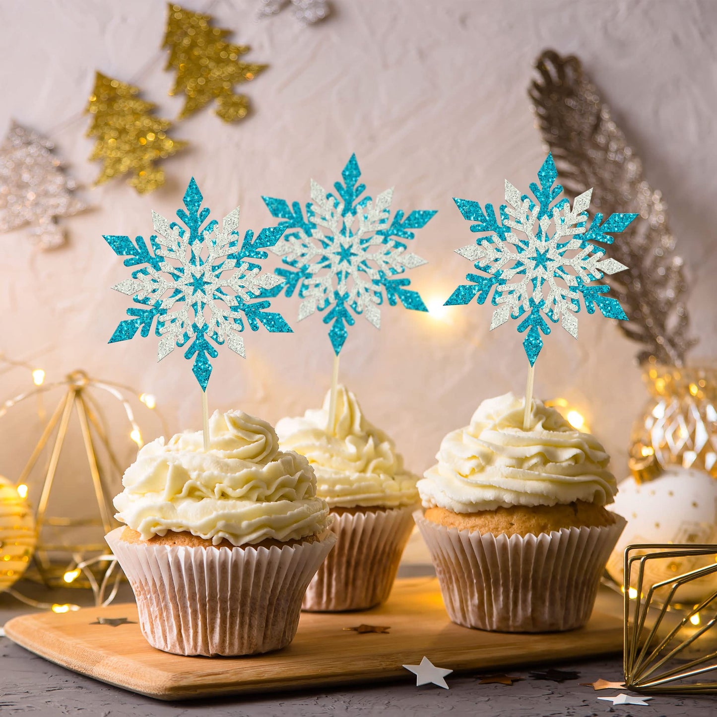 Gyufise 24 Pack Snowflake Cupcake Toppers Double Layers Silver And Blue Winter Frozen Theme Cupcake Picks Baby Shower Kids Birth