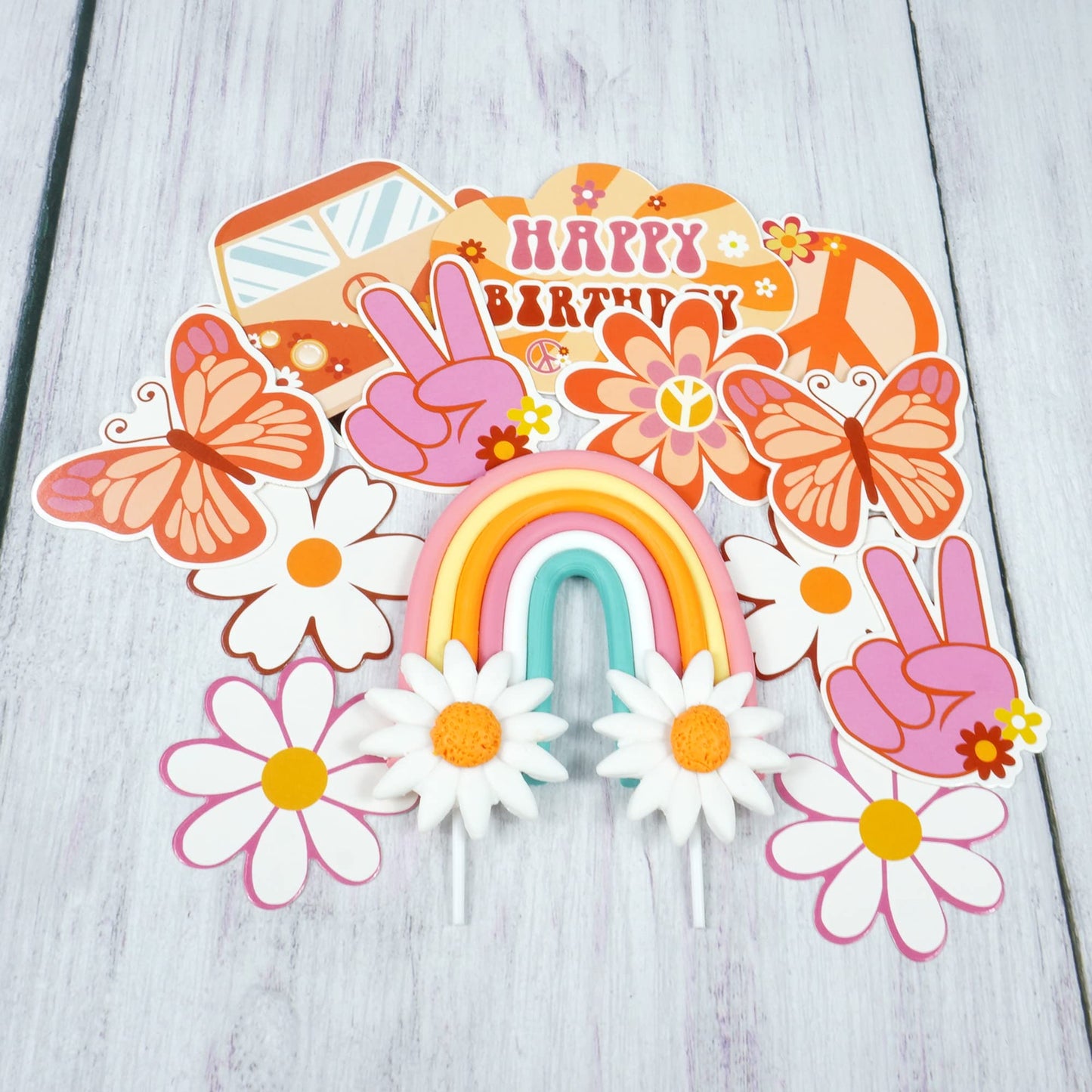 DRWATE 15 PCS Groovy Cupcake Toppers, Boho Rainbow Cake Decorations, Paper, Multicolor, Model GCMGL10009