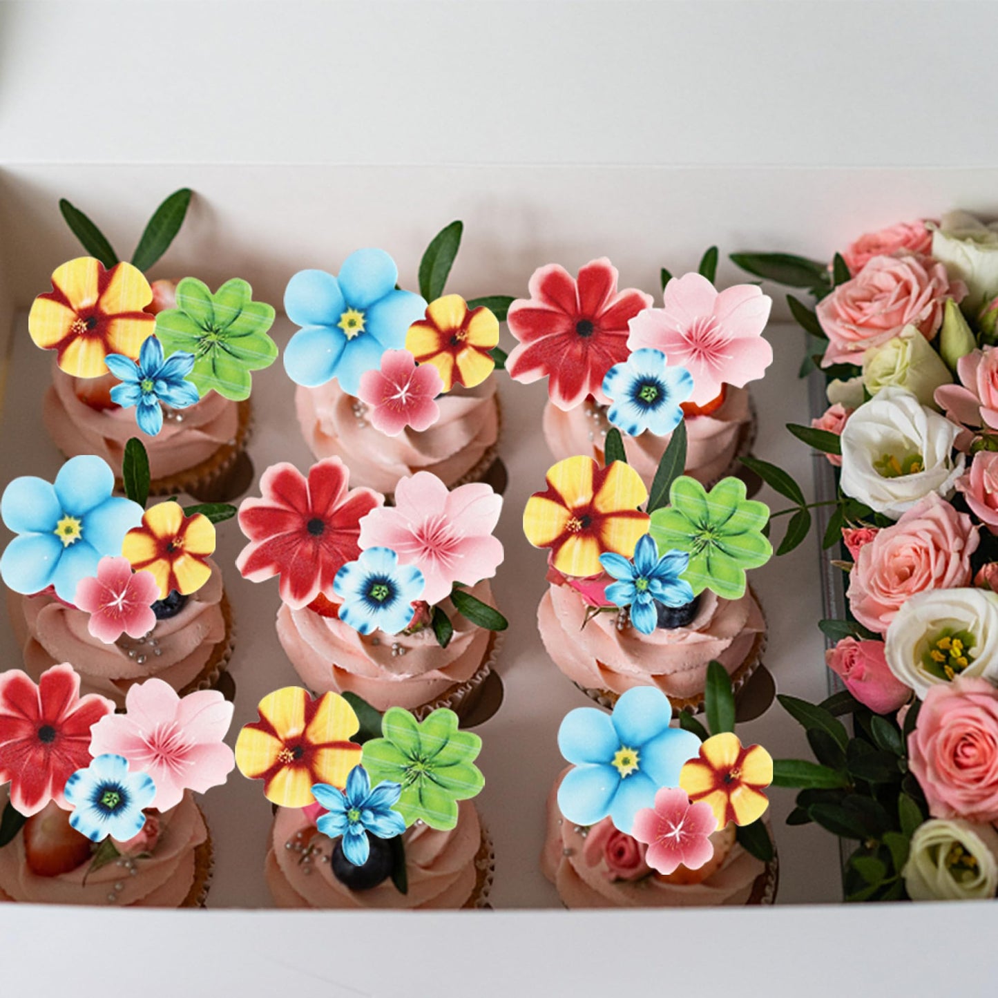 72 Pcs Edible Flowers Cupcake Toppers Edible Wedding Engagement Flowers Cupcake Decorations Wafer Paper Flowers Cupcake Picks Fo