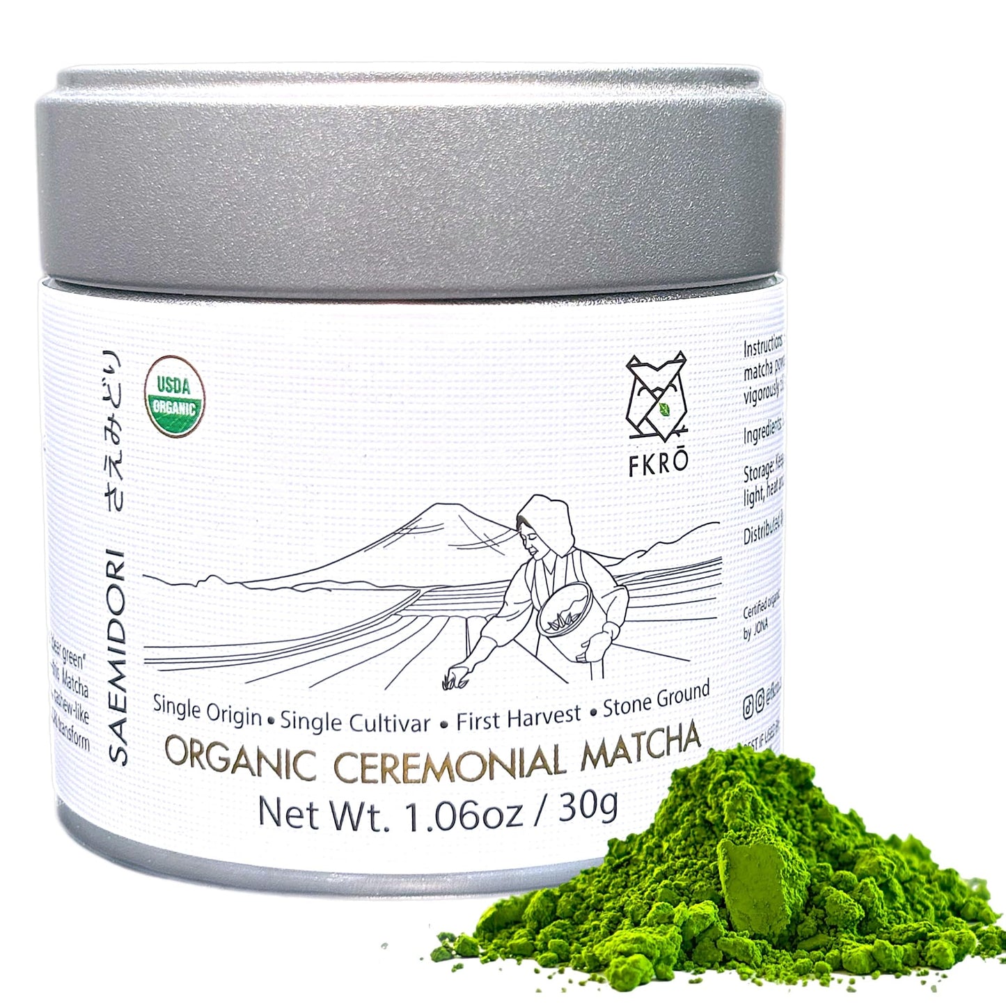 FKRO Organic Ceremonial Grade Matcha Green Tea Powder | 1st Harvest  Single Origin  Single Saemidori Cultivar | Flown in Fresh from Japan Every Month (30g/1.06oz) Tin