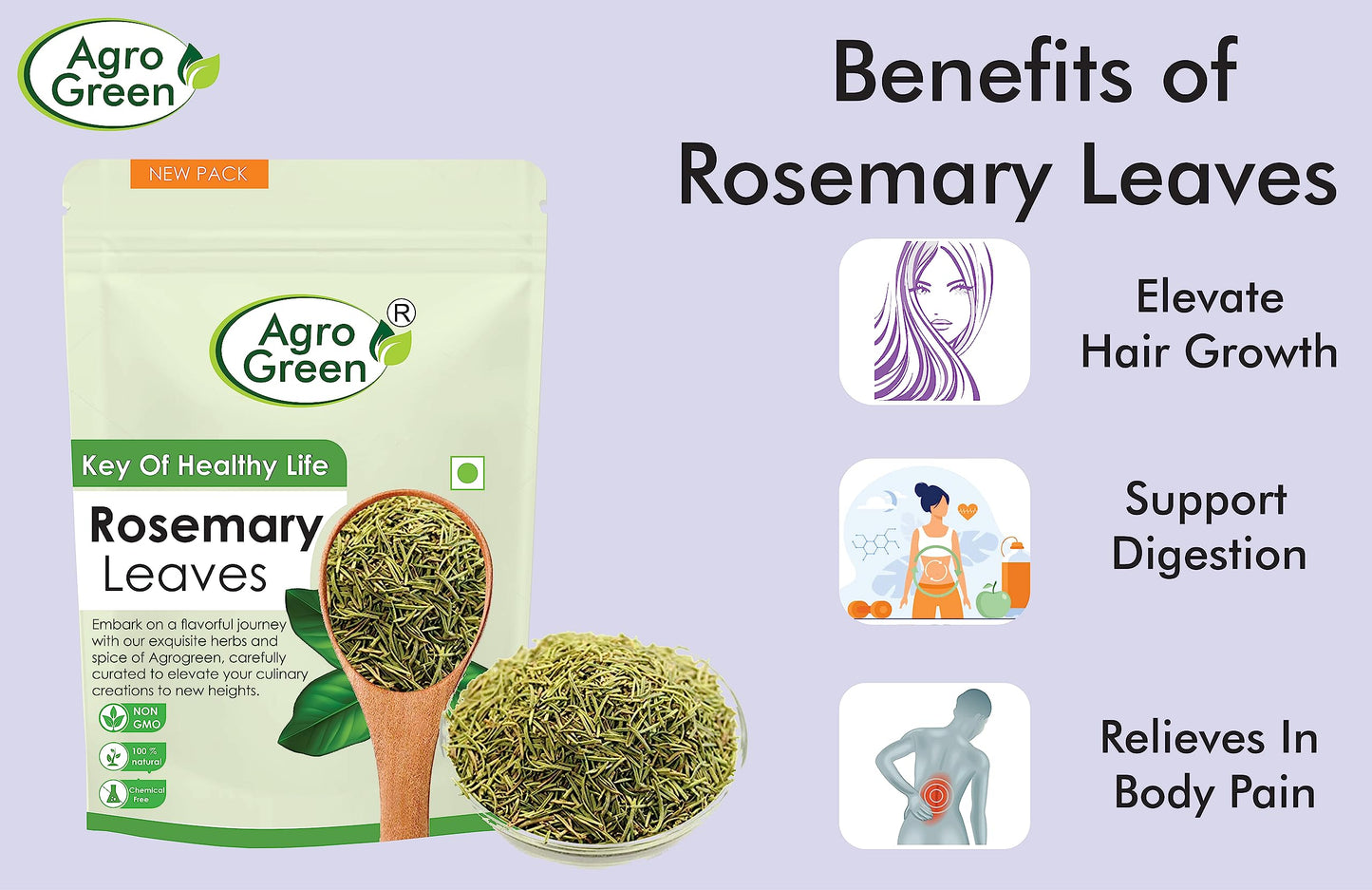 Agrogreen Rosemary Dried Leaves For Hair Growth With Applicator 100% Pure & Natural - Rosemary Herb Tea - 400Gm