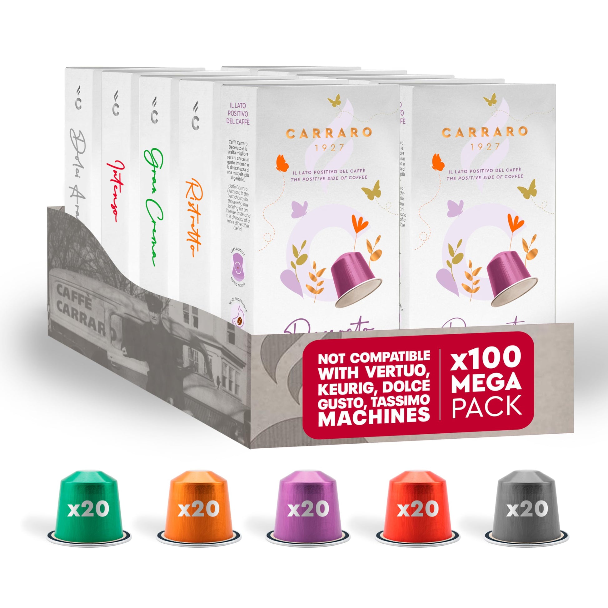 Carraro Espresso Pods Variety Pack - 100 Premium Aluminum Capsules, Medium & Dark Roast, Compatible with Nespresso Original Machines