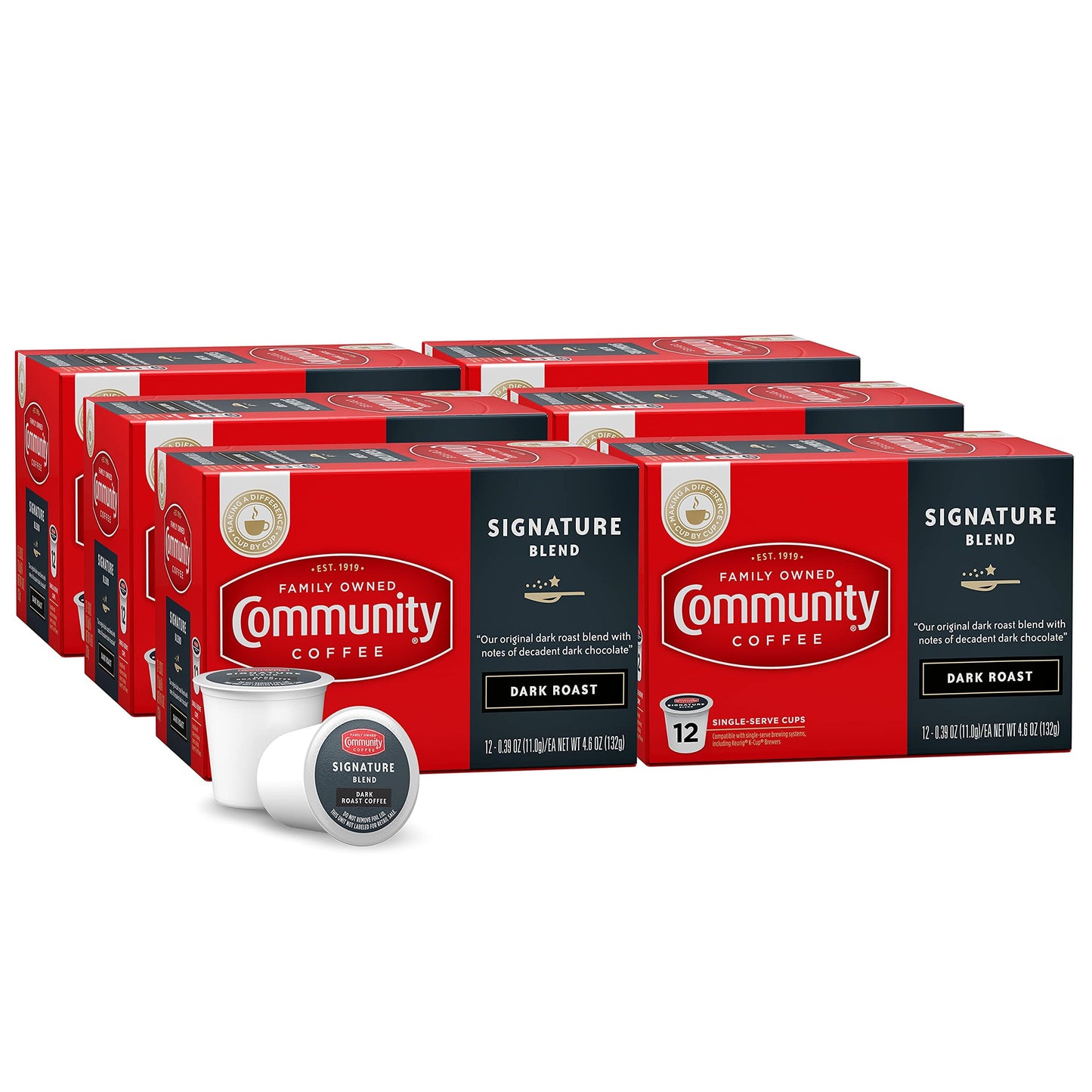 Community Coffee Dark Roast Coffee Pods, Compatible with Keurig 2.0, 12 Count (Pack of 6), Model 16261-6, K-Cup