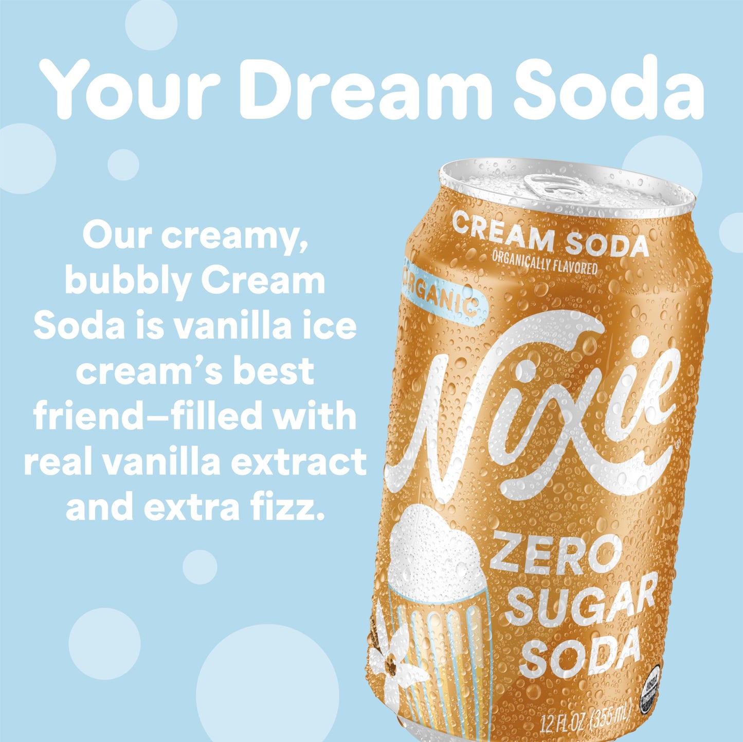Nixie Organic Zero Sugar Cream Soda, 0 Calories, Non-GMO, Caffeine Free, 12oz Cans (12 Pack)