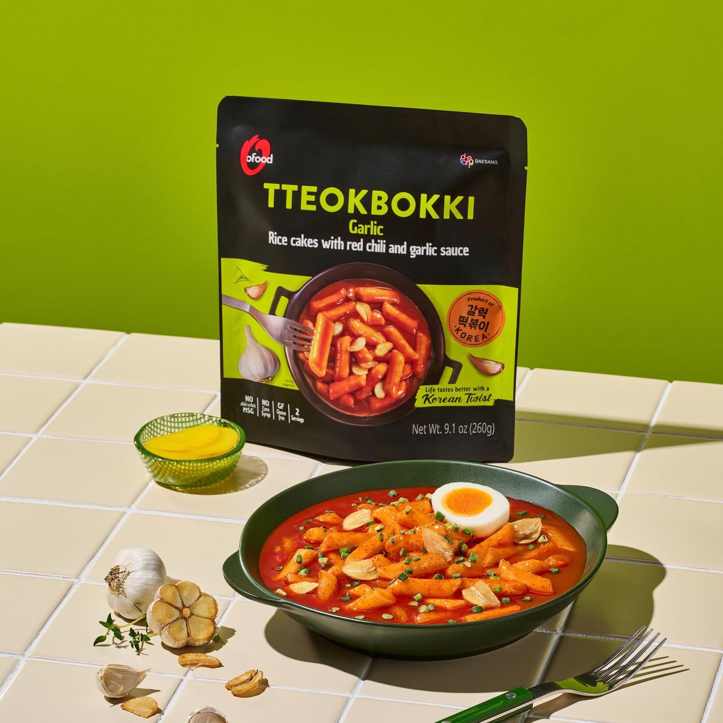 C OFood Garlic Tteokbokki  Gluten-Free Korean Rice Cakes  Authentic Spicy Korean Street Food Snack  Perfect with Cheese and Ramen Noodles  Ready to Eat  No MSG  No Corn Syrup  Pack of 2