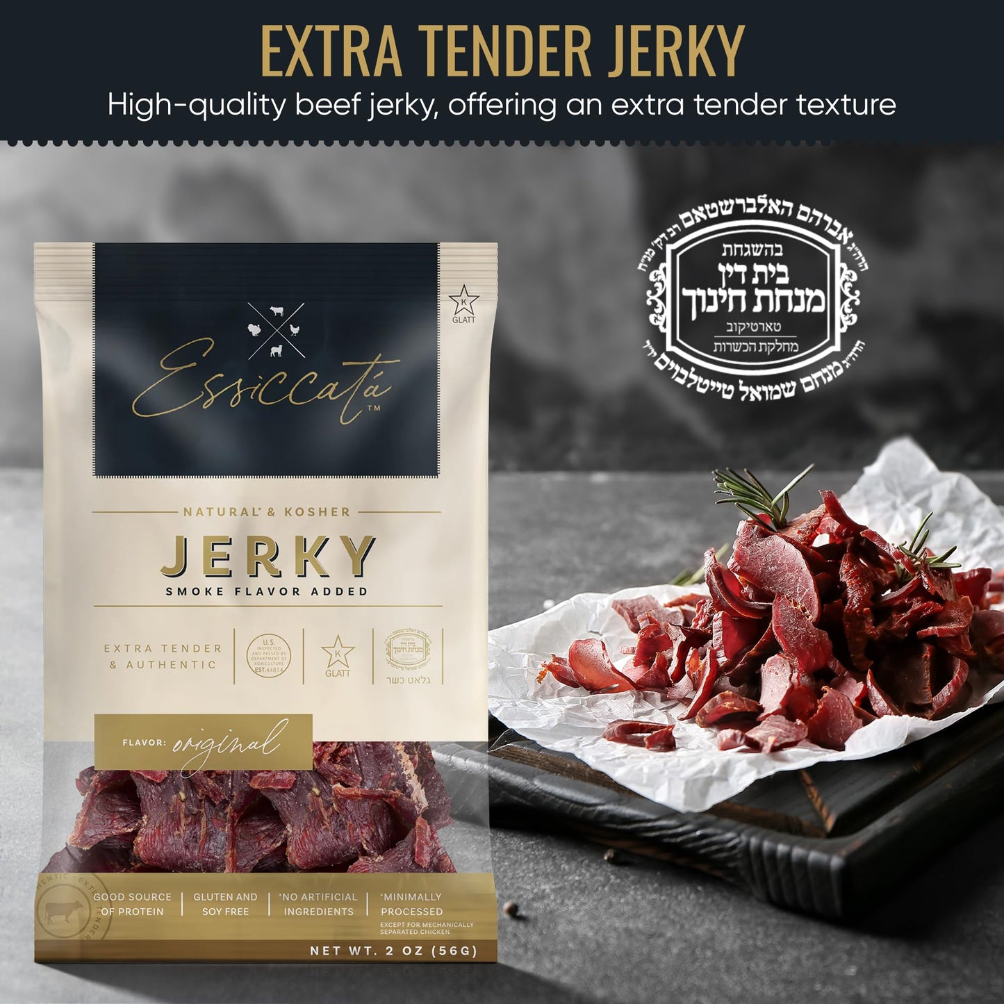 Aufschnitt Essicata Beef Jerky - Extra Tender, Grass Fed, Low Sodium - Made In Usa - Certified Kosher - Keto & Halal Friendly -