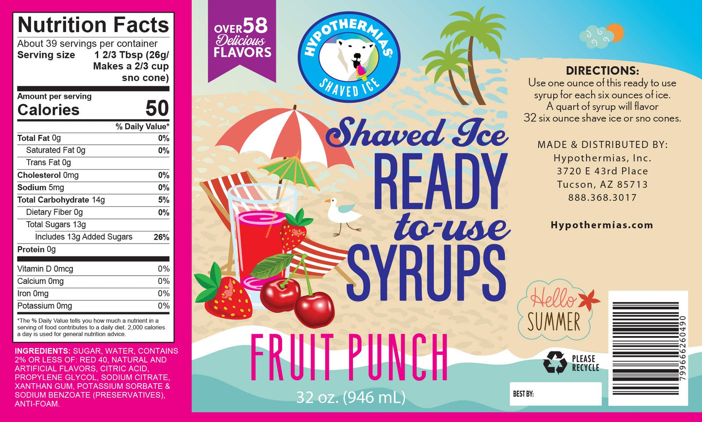 Hypothermias Fruit Punch Snow Cone Syrup - 32 Fl Oz, Made with 100% Pure Cane Sugar, No Corn Syrup, Ready to Use