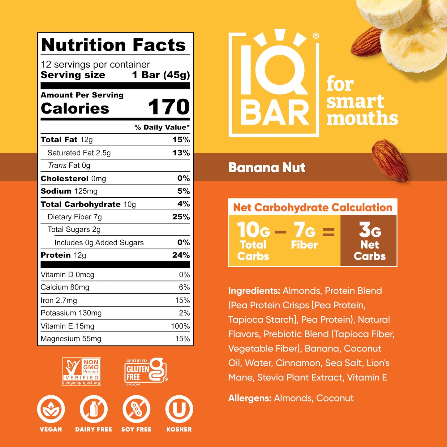 IQBAR Brain and Body Plant Protein Bars - Banana Nut - 12-Count Low Carb - Gluten Free, High Fiber, Vegan Snacks - Low Sugar Mea