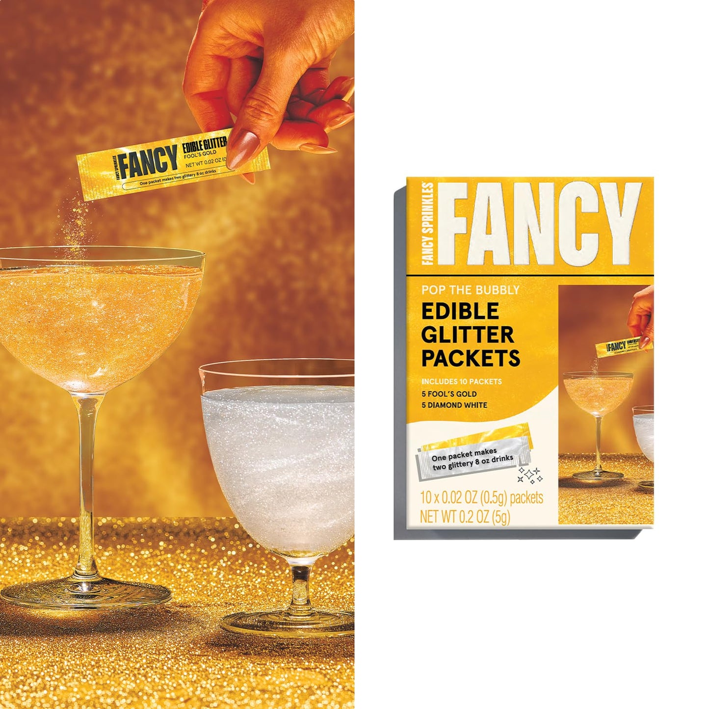 Fancy Sprinkles Pop The Bubbly Edible Glitter Packets, Fools Gold & Diamond White, 1 Pack for Sparkling Drinks & Cocktails
