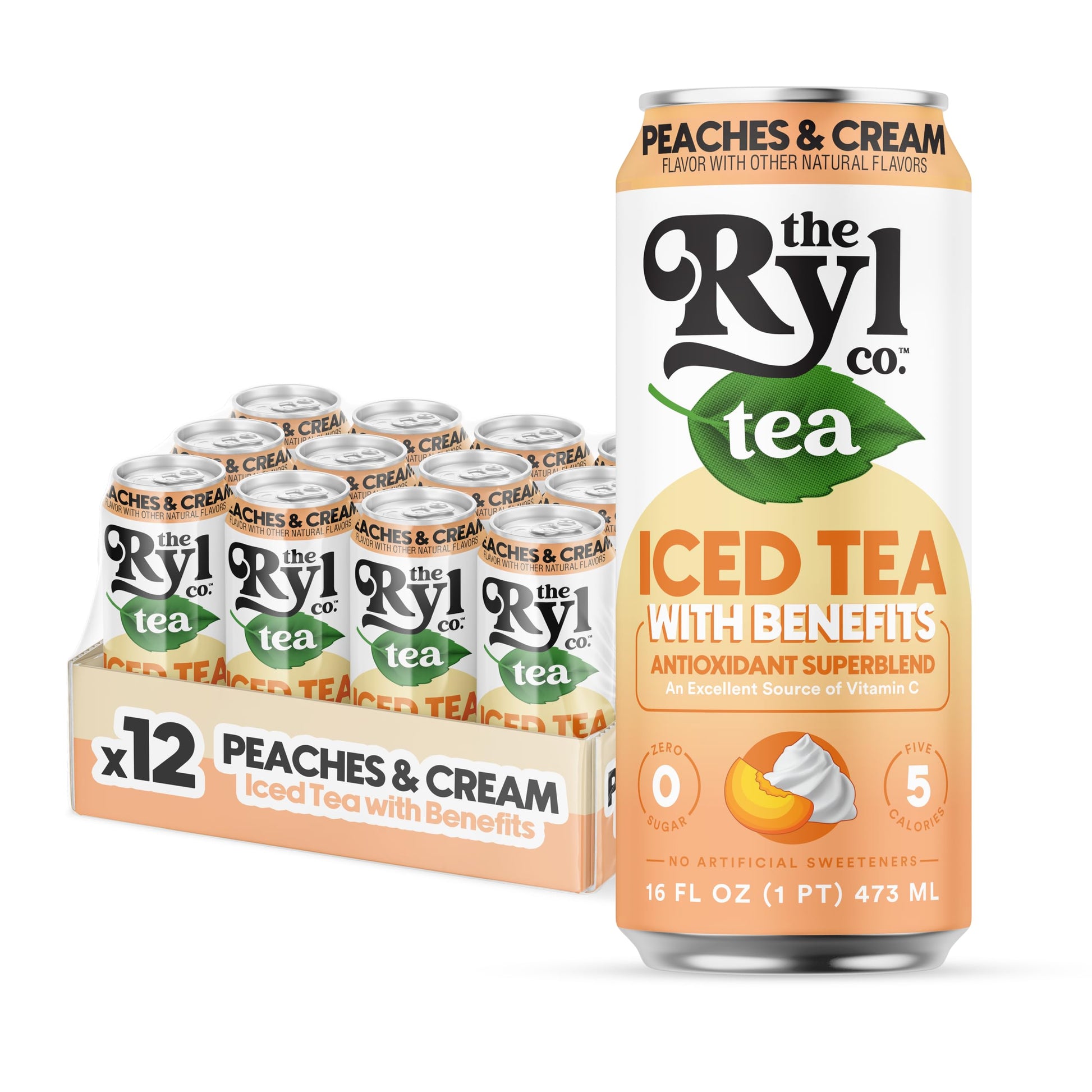 Ryl Iced Tea, Peaches & Cream Tea, Antioxidant Superblend, Zero Sugar, Low Carb, Zero Calorie Iced Tea, 16.0 Fl Oz (12-Pack)