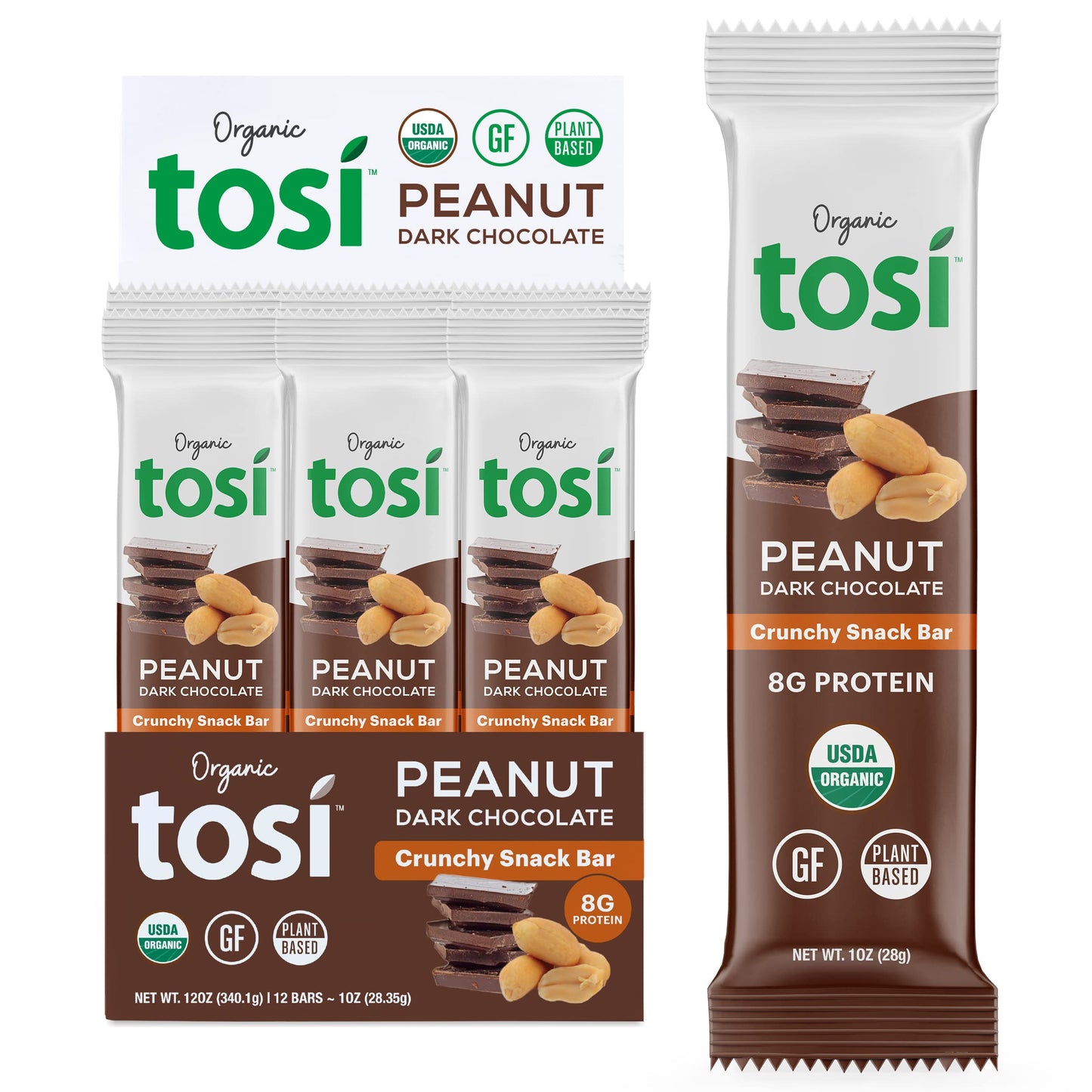 Tosi Dark Chocolate Peanut Butter Protein Bars, Plant Based With Nuts, Gluten-Free Crunchy Snacks, Vegan, Organic, Flax & Chia S