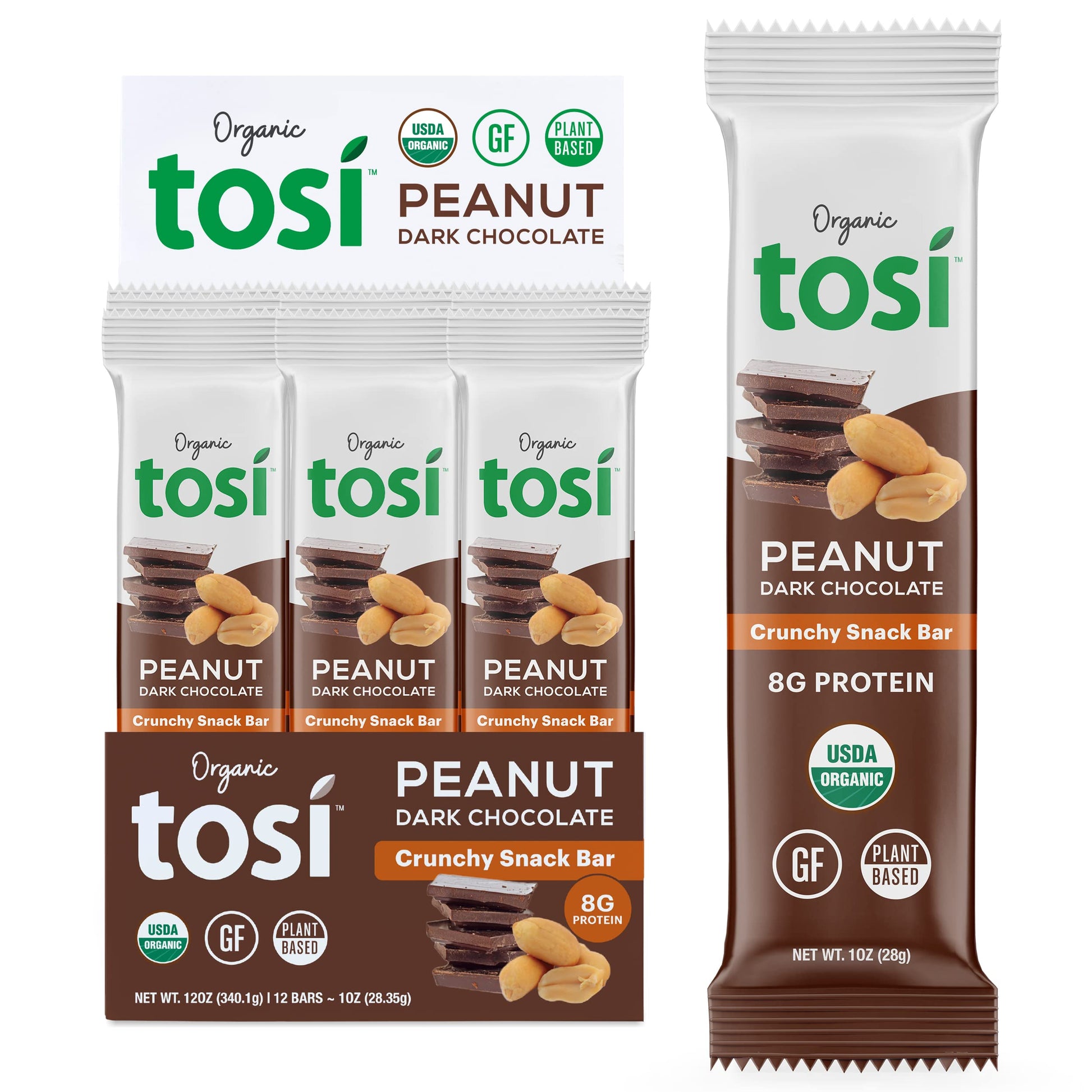 Tosi Dark Chocolate Peanut Butter Protein Bars, Plant Based With Nuts, Gluten-Free Crunchy Snacks, Vegan, Organic, Flax & Chia S