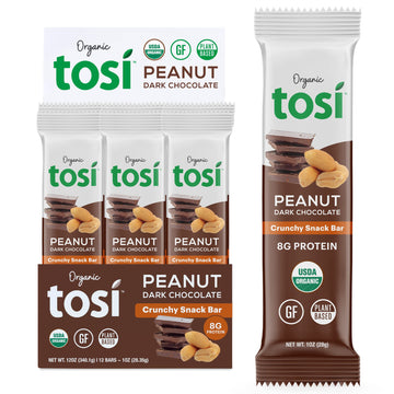 Tosi Dark Chocolate Peanut Butter Protein Bars, Plant Based With Nuts, Gluten-Free Crunchy Snacks, Vegan, Organic, Flax & Chia S