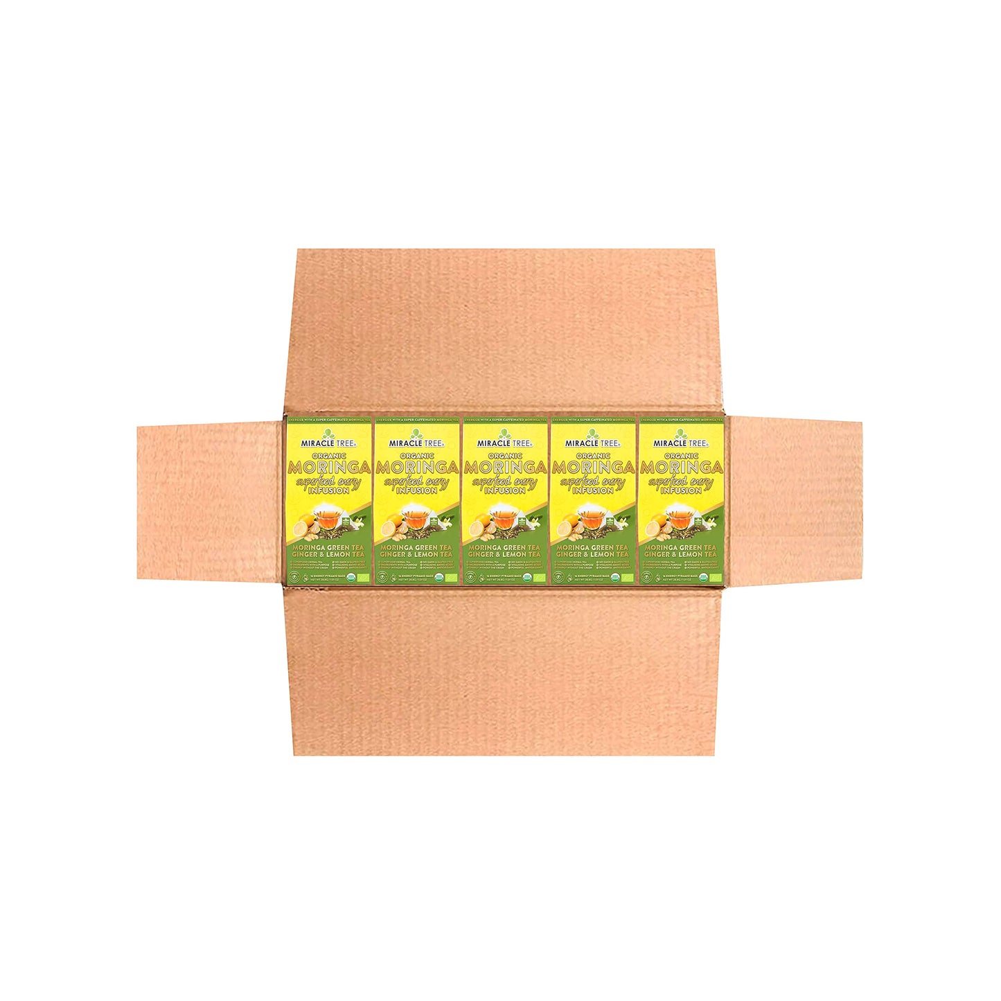 Miracle Tree Moringa Energy Tea - Green Tea, Ginger & Lemon, Organic Non-GMO, 5 Pack of 16 Pyramid Sachets