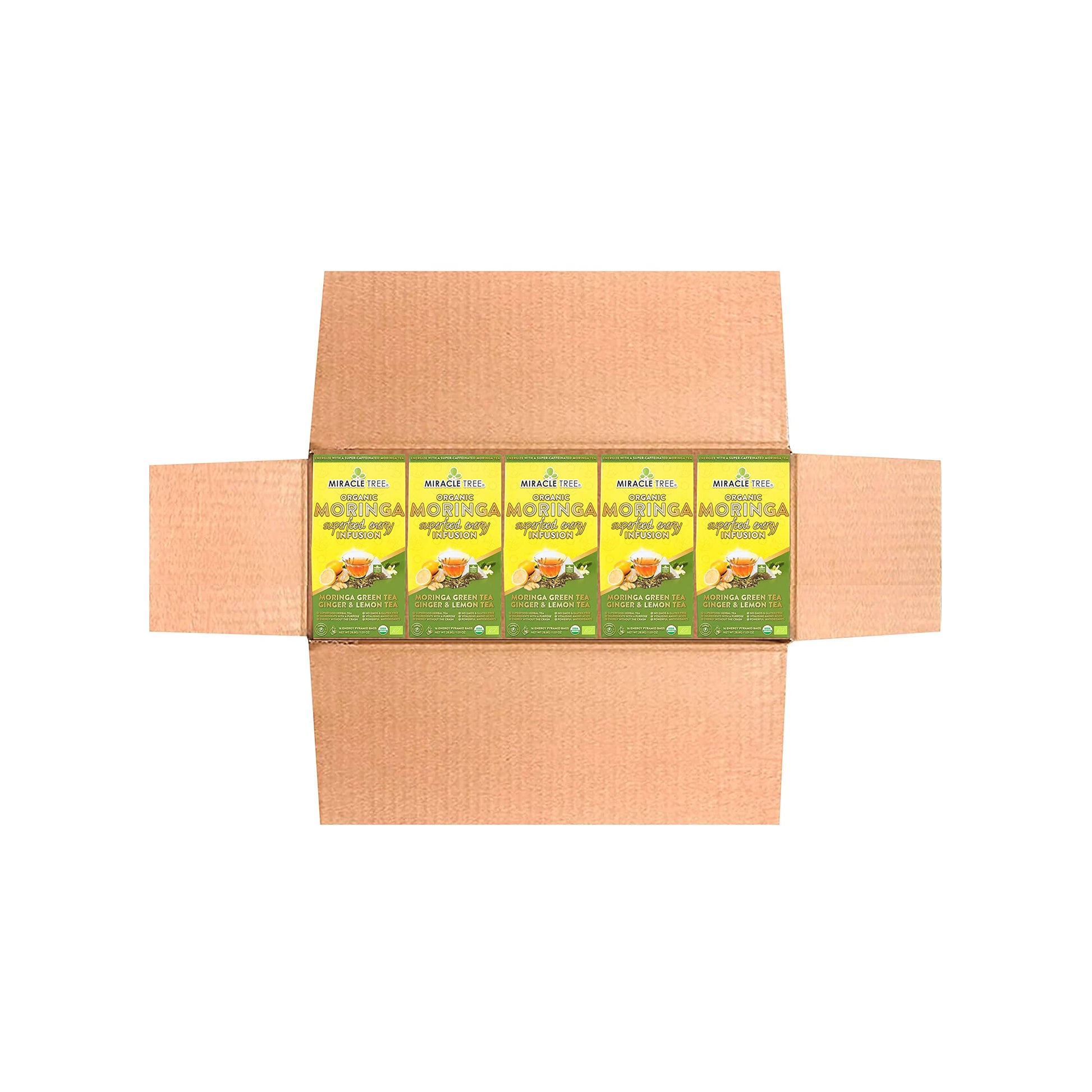 Miracle Tree Moringa Energy Tea - Green Tea, Ginger & Lemon, Organic Non-GMO, 5 Pack of 16 Pyramid Sachets