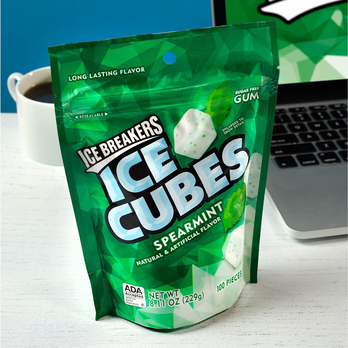 ICE BREAKERS Ice Cubes Spearmint Sugar Free Chewing Gum Pouch, 8.11 oz (100 Pieces) (Pack of 2)