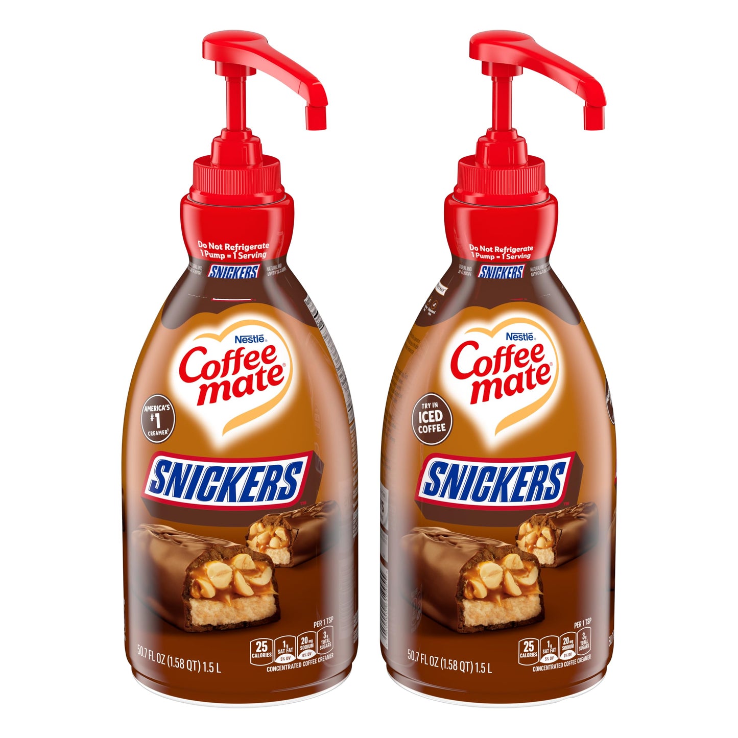 Nestle Coffee mate Coffee Creamer, Snickers, Concentrated Liquid Pump Bottle, Non Dairy, No Refrigeration, 50.7 fl oz (Pack of 2