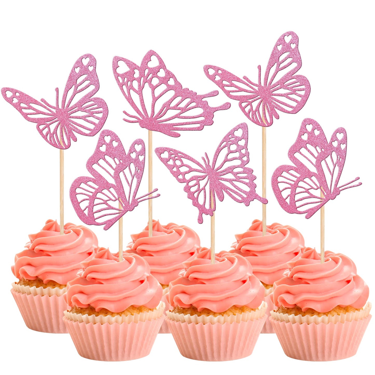 Rsstarxi Pink Glitter Butterfly Cupcake Toppers, 24 Pack, Paper, Design 1 Deep Pink, Wedding, Baby Shower, Kids Birthday Party Decorations