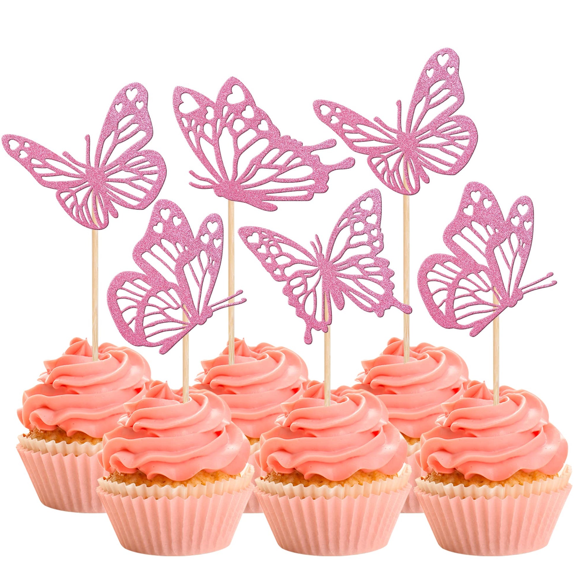 Rsstarxi Pink Glitter Butterfly Cupcake Toppers, 24 Pack, Paper, Design 1 Deep Pink, Wedding, Baby Shower, Kids Birthday Party Decorations