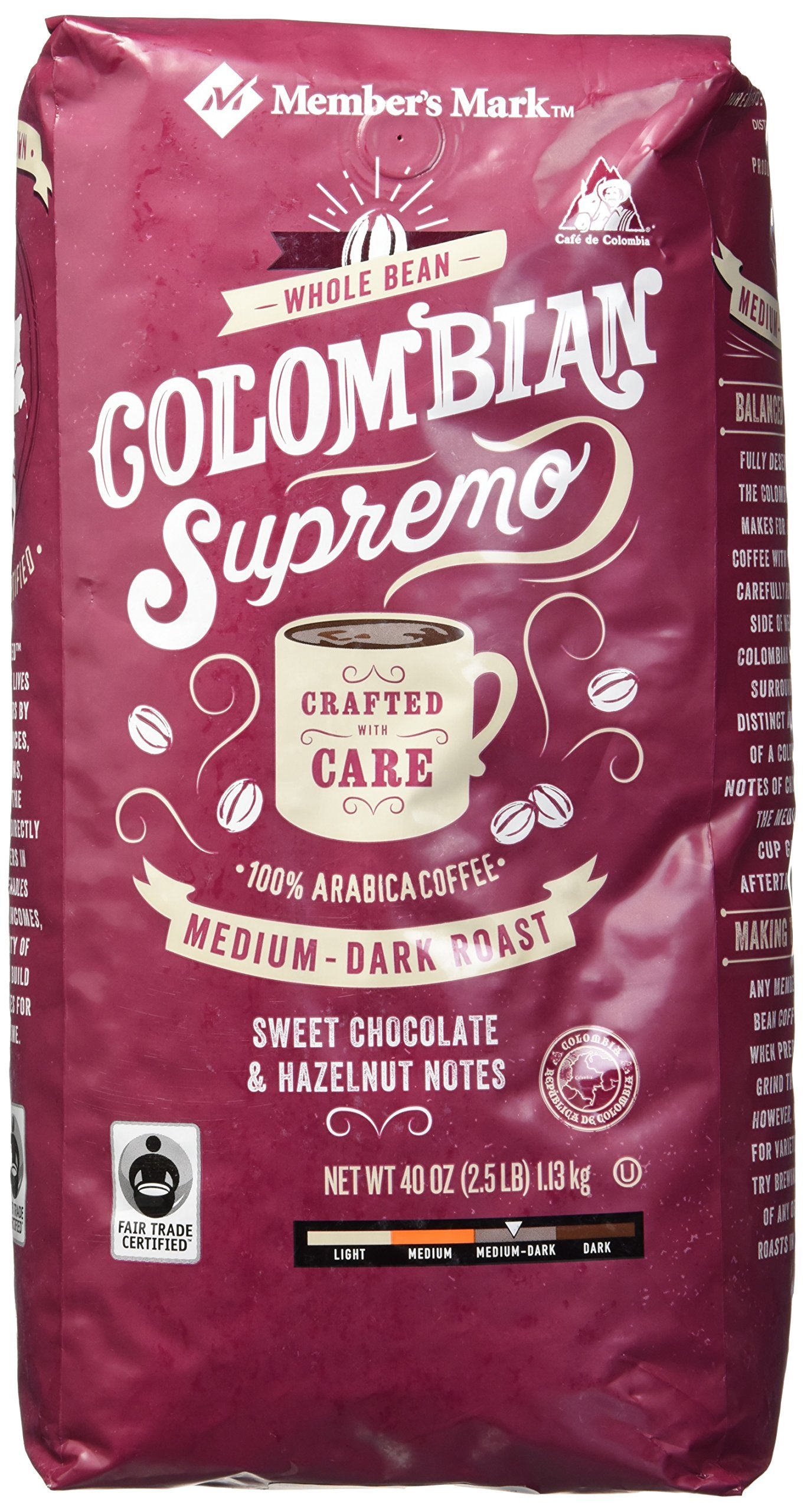 Members Mark Colombian Supremo Whole Bean Coffee (40 OZ), Sweet Chocolate & Hazelnut Notes, 40 oz, Medium Dark Roast