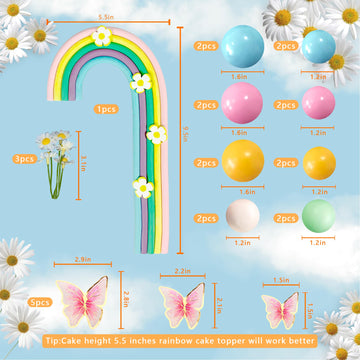 25PCS DRWATE Rainbow Cake Topper Balls - Colorful Boho Decorations with Macaron Balls & Flowers for Baby Showers & Birthday Parties