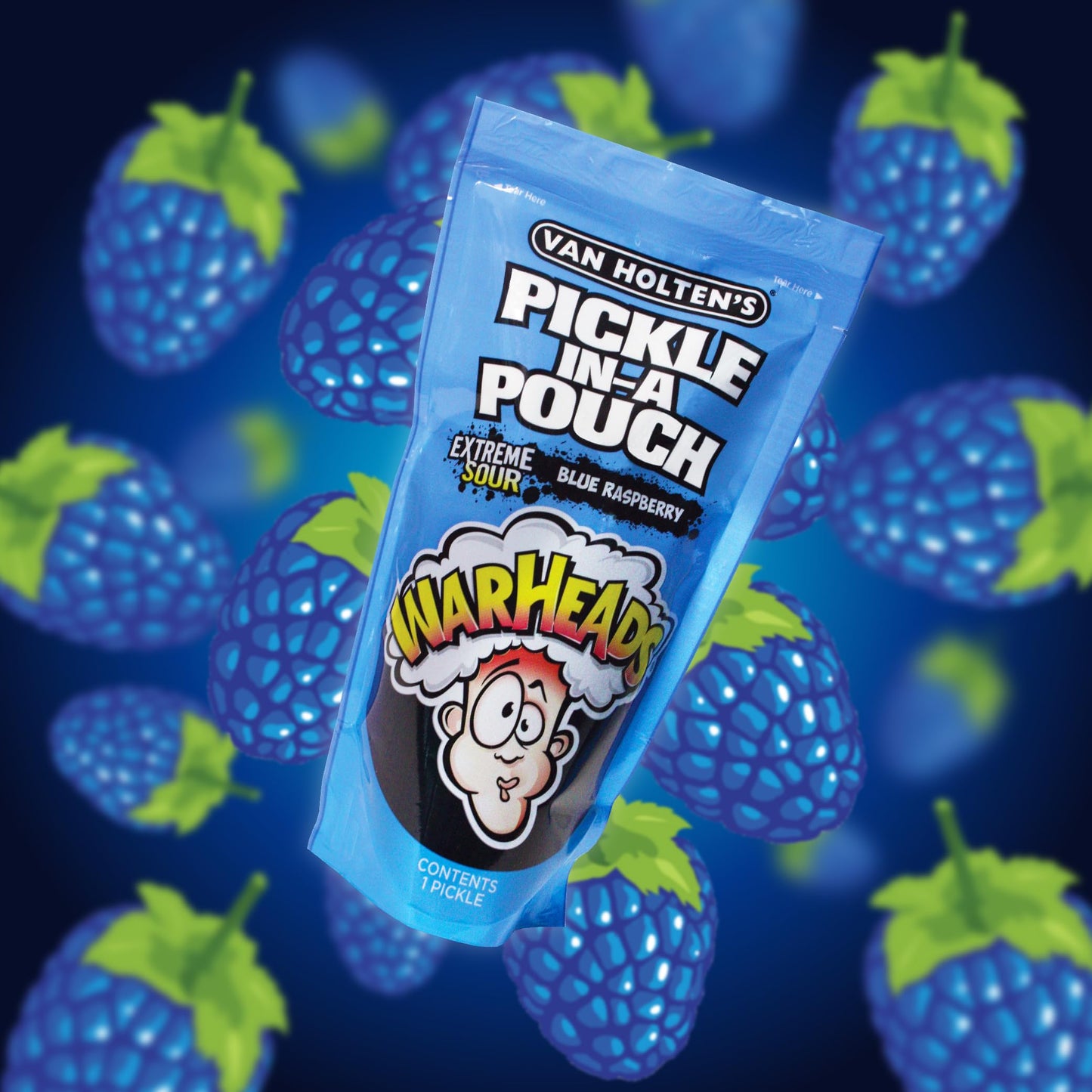 Van Holten'S Pickles Pickle Kit - Warheads Jumbo Blue Raspberry Pickle-In-A-Pouch With Warheads Blue Raspberry Cubes 3.5 Oz Thea
