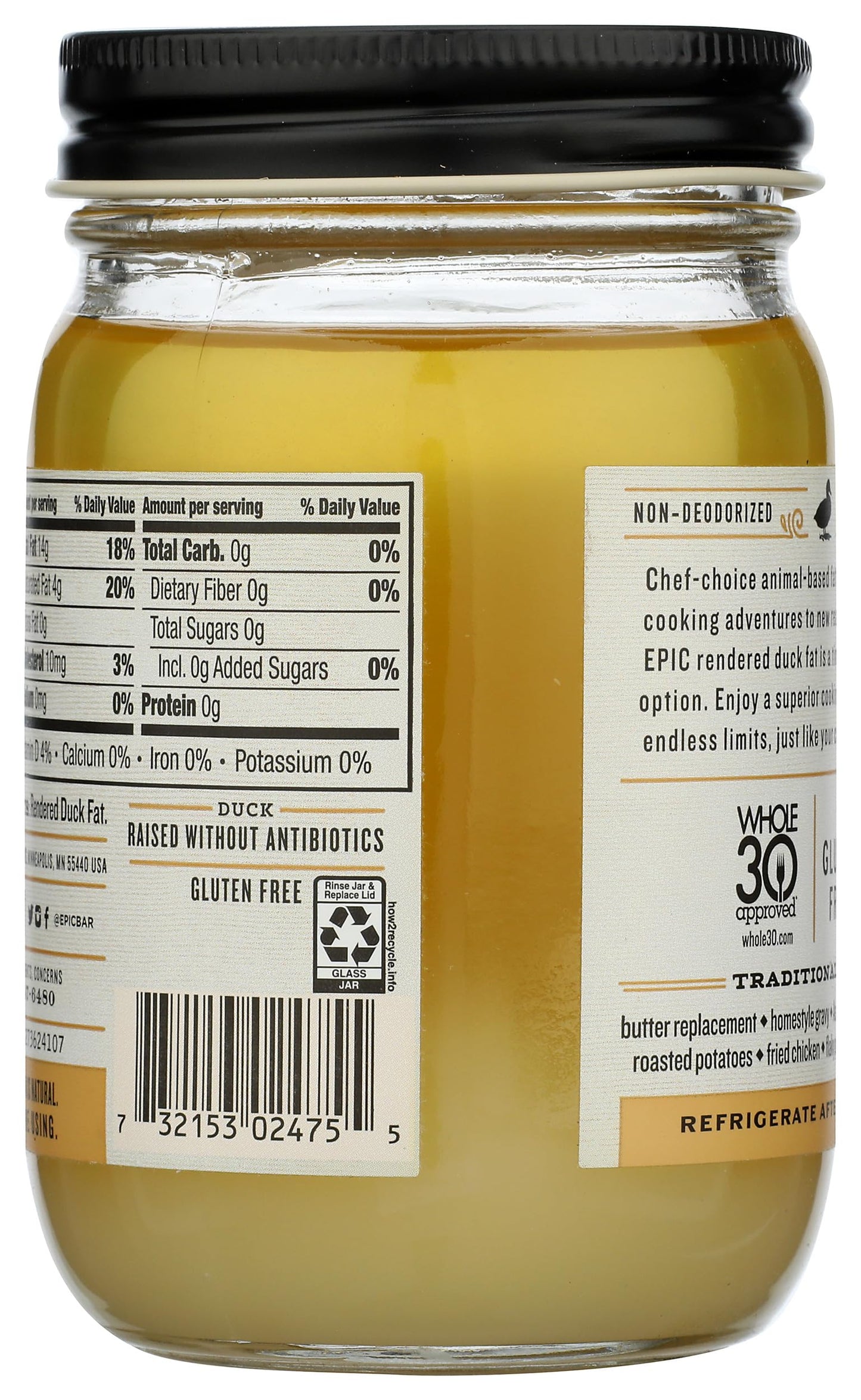 EPIc Rendered Duck Fat, Keto Friendly, gluten Free, 11 oz Jar
