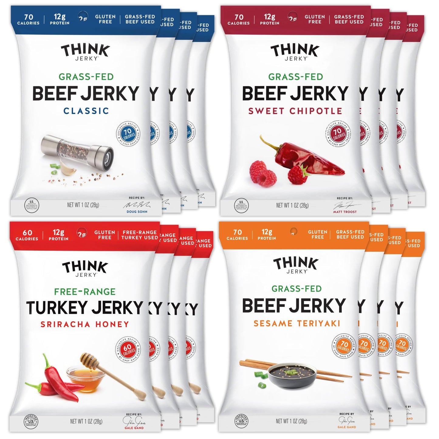 Think Jerky Beef and Turkey Jerky Variety Pack  Original  Sweet Chipotle  Sriracha Honey  Sesame Teriyaki  Healthy Jerky Snack  Healthy Meat Snack  Low Calorie Low Fat - 1.0 oz Bags  16 Pack