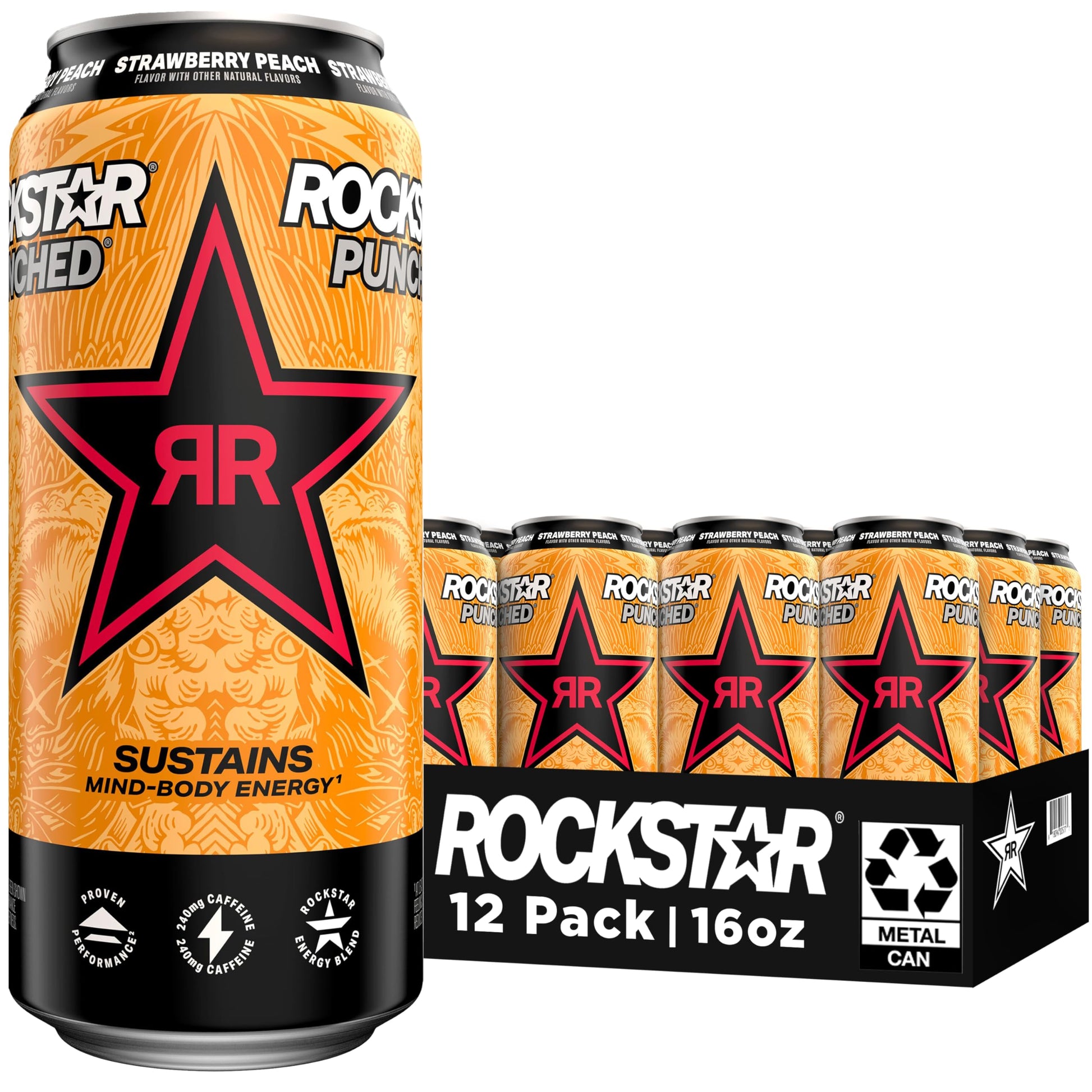 Rockstar Energy Drink Punched Strawberry Peach, 16 Fl Oz Cans, 12 Pack