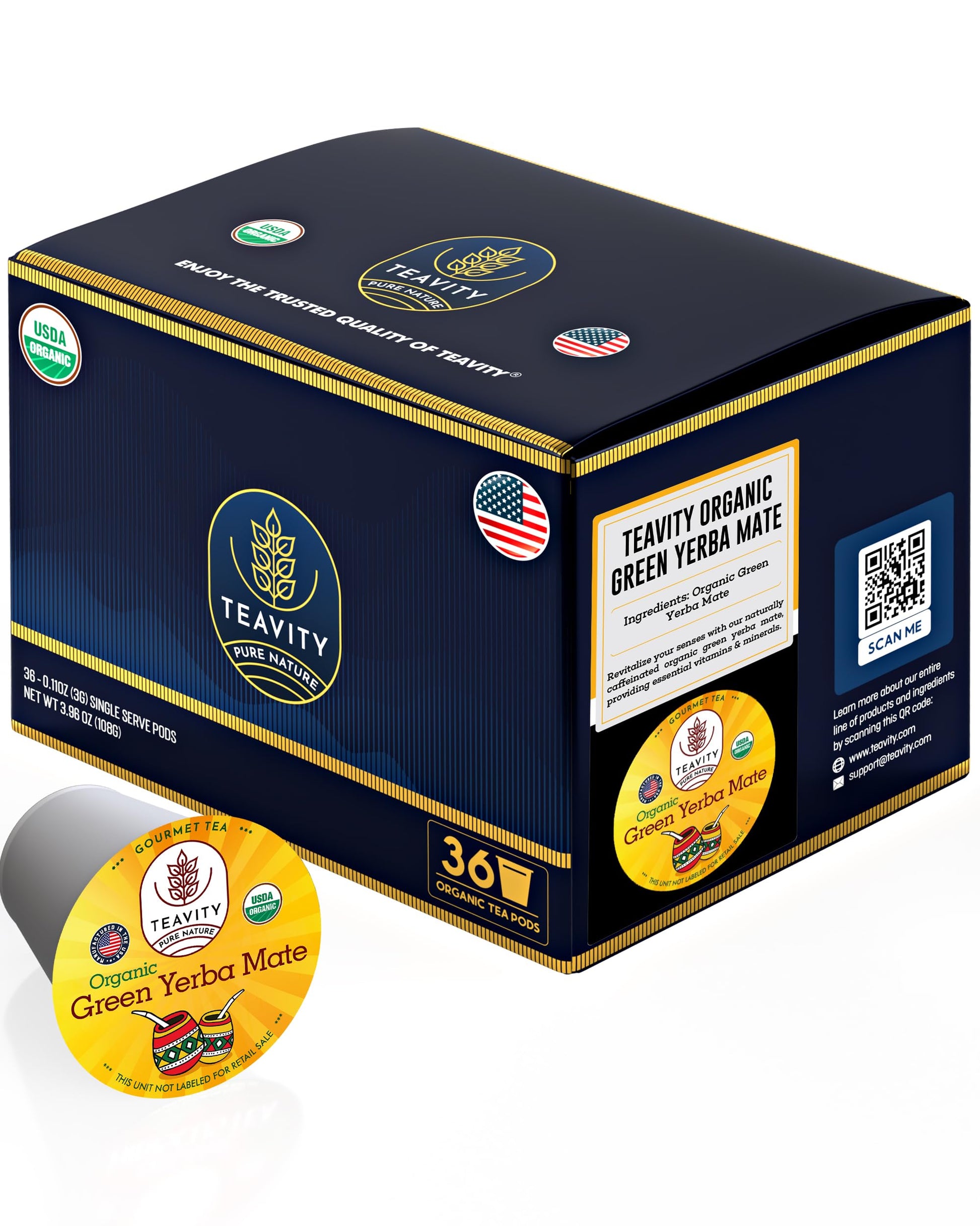 Teavity Organic Yerba Mate Tea Pods for Keurig, Green, 36 Count