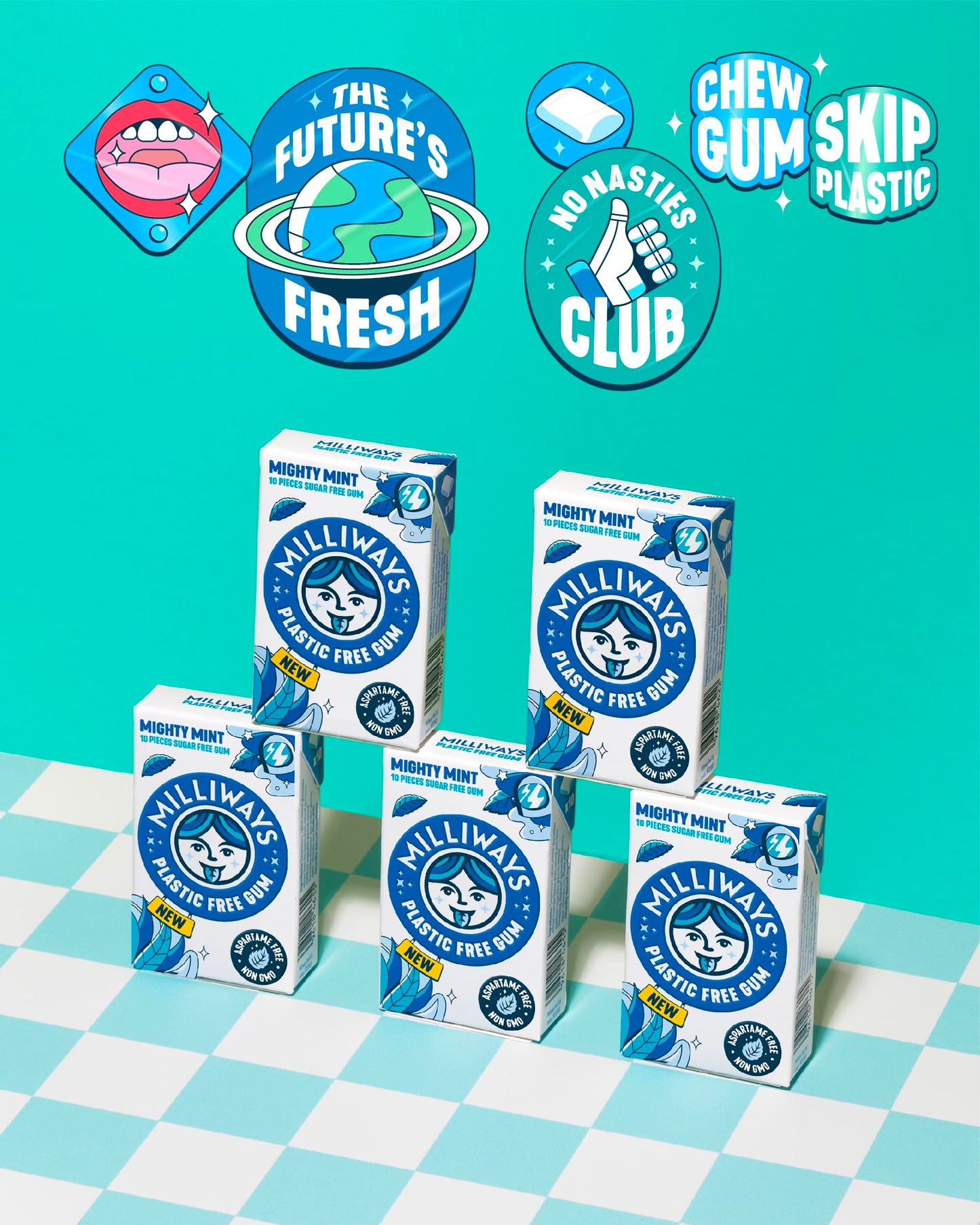 Milliways Mighty Mint Gum | Plant-Based, Sugar-Free, 120 Count | Xylitol & Aspartame-Free Chewing Gum in 12 Packs of 10 Pieces