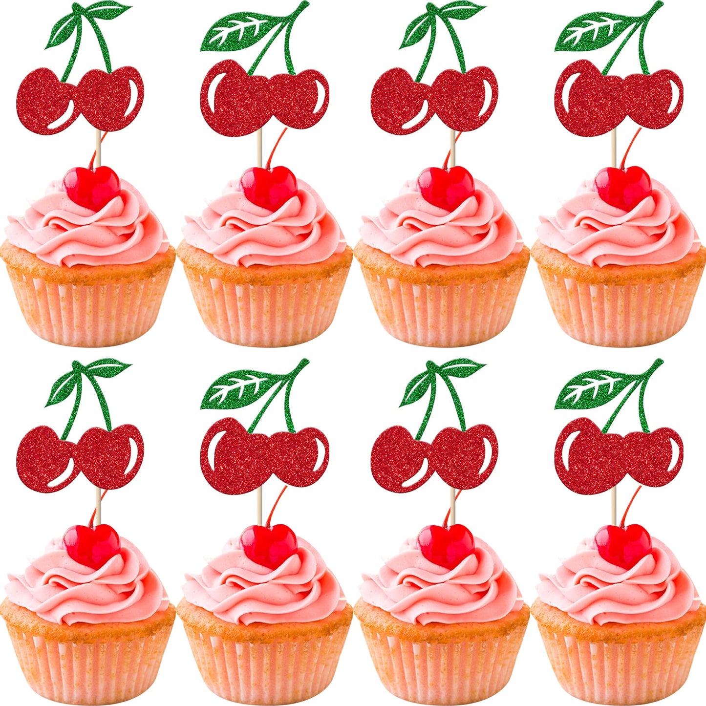 YCTHUNFISH 24 Pack Cherry Cupcake Toppers, Red Glitter Paper Picks for Baby Shower, Bridal Shower, Birthday Party Decorations