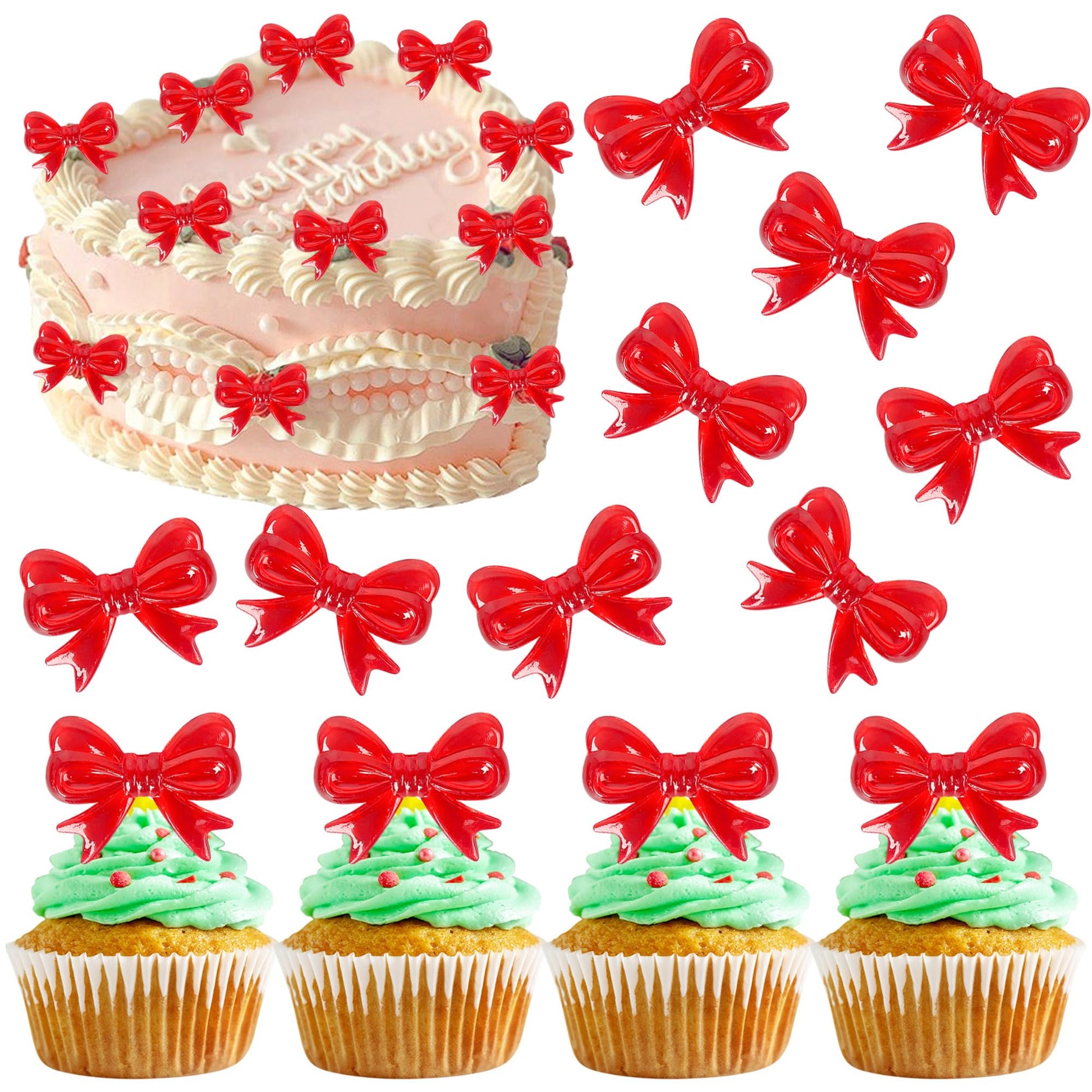 YCTHUNFISH 30 Pack Pink Bow Cupcake Toppers - Paper Bowknot Decorations for Wedding, Bridal Shower, Birthday Party, Red