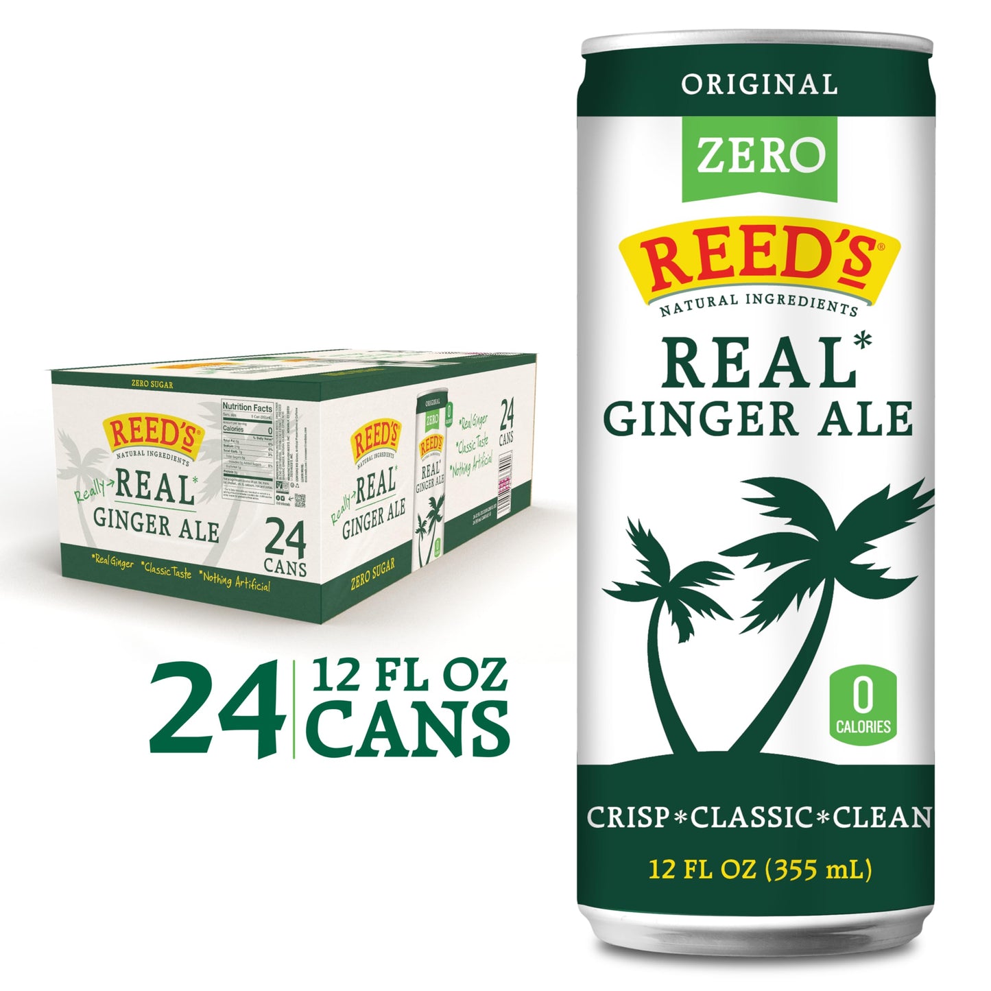 Reeds Zero Sugar Ginger Ale - Organic Ginger - 12oz Slim Cans, 24 Pack