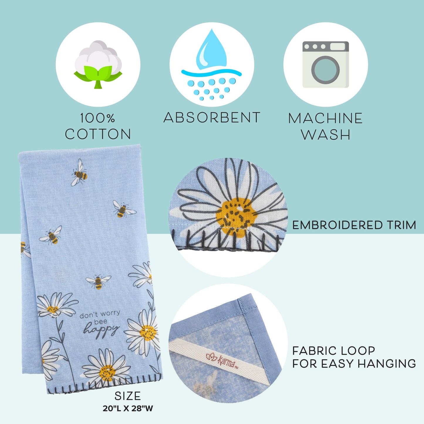 Karma Bee Tea Towel - 100% Cotton Hand Towels For The Kitchen - Modern Home Decor - Light Blue Small