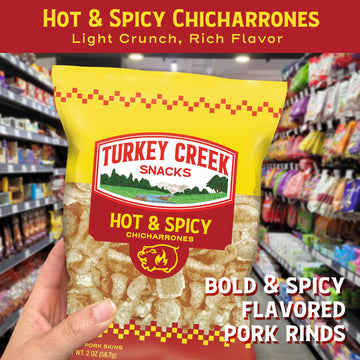 Turkey Creek Hot & Spicy Chicharrones, Fried Pork Rinds - Spicy Flavored Pork Skins - Low Carb, Gluten-Free, Protein Snack - 2oz