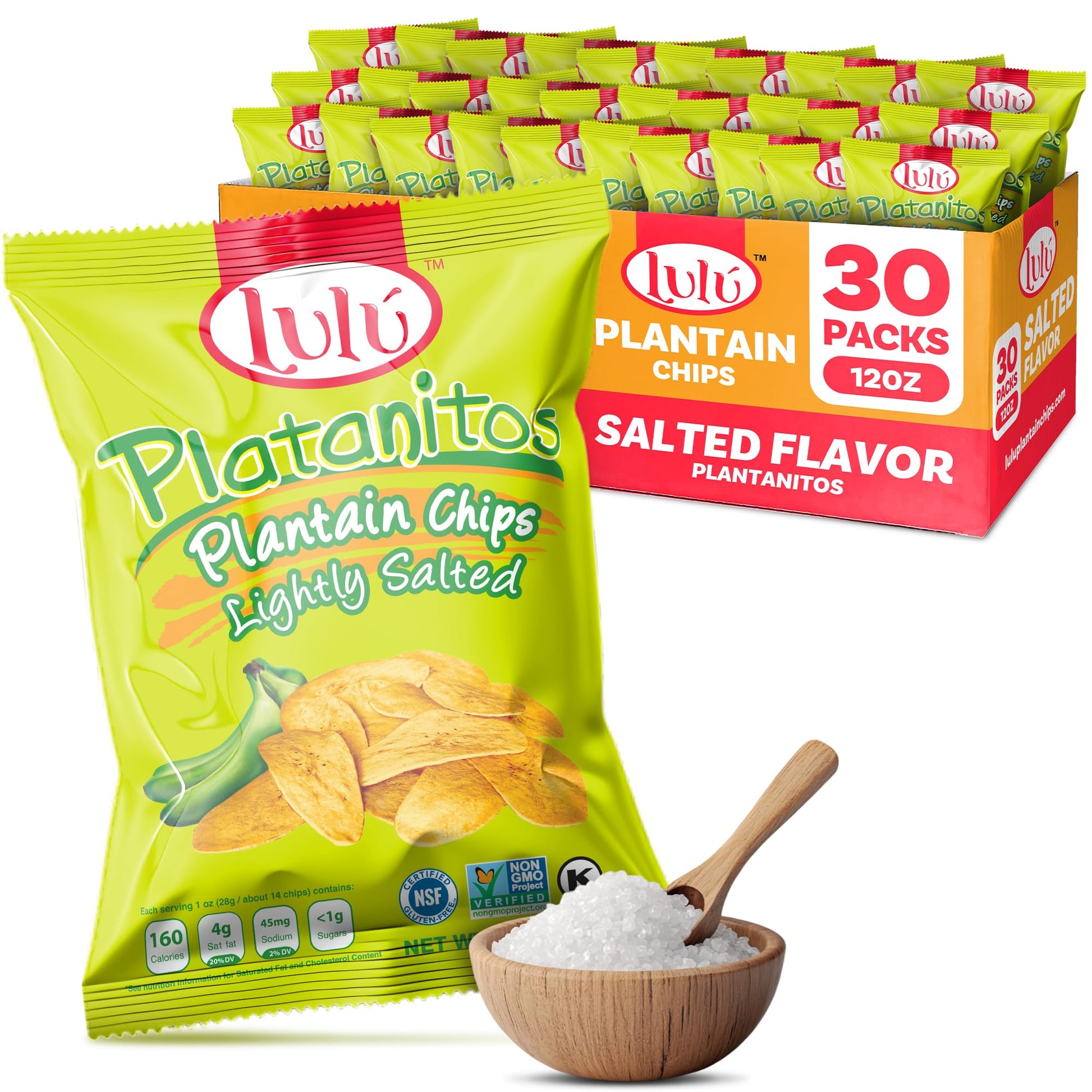 LULU Plantain Chips - Lightly Salted, 30 Individual Bags (2.5 Oz Each) - Crunchy, Delicious, Kosher, Gluten-Free Healthy Snacks 