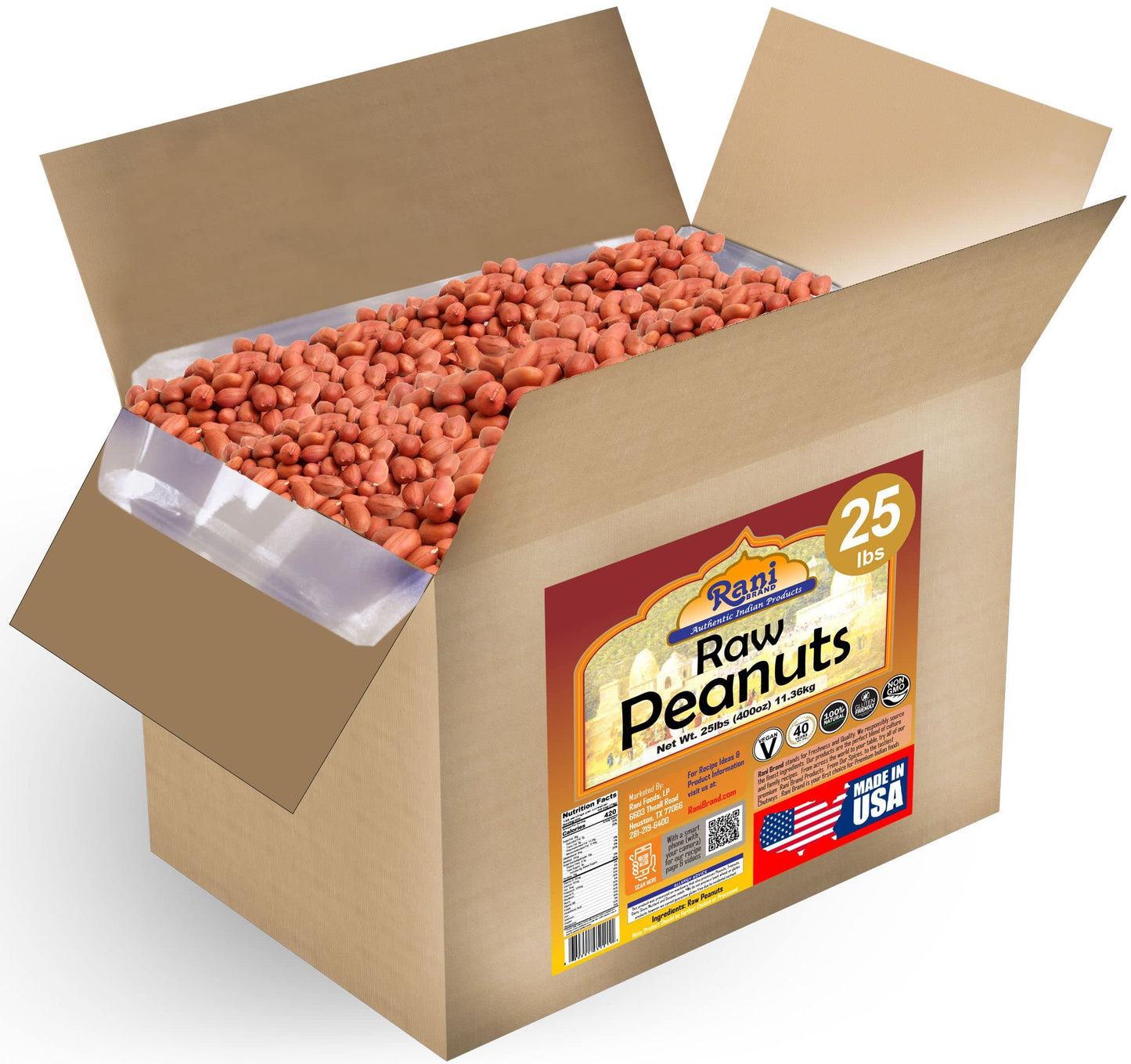 Rani Peanuts, Raw Whole With Skin (Uncooked, Unsalted) 25Lbs (400Oz) 11.36Kg Bulk Box ~ All Natural | Vegan | Gluten Friendly | Fresh Product Of Usa ~ Spanish Grade Groundnut/Red-Skin