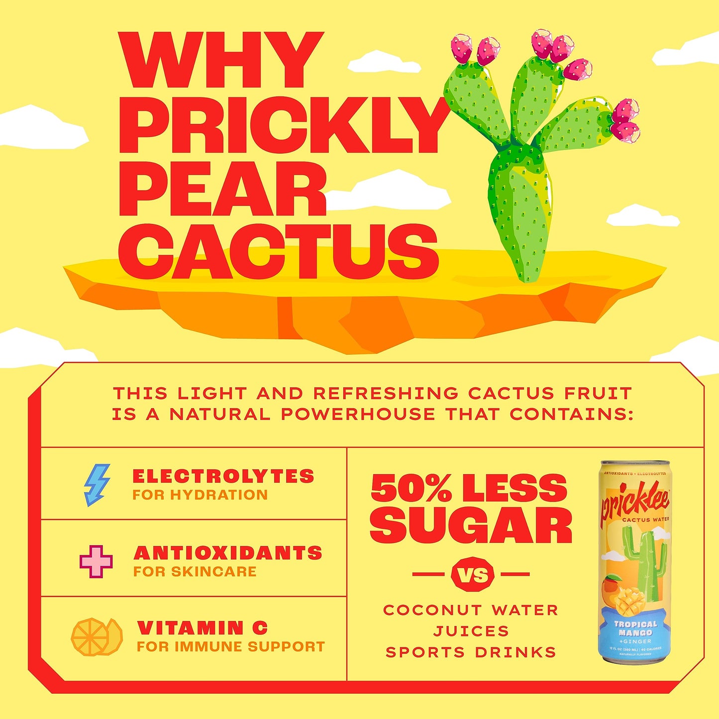 PRICKLEE SUPERFRUIT WATER Tropical Mango Cactus Water - Low-Calorie, Low-Sugar, 12 Fl Oz (Pack of 12) Non-Sparkling Sports Drink