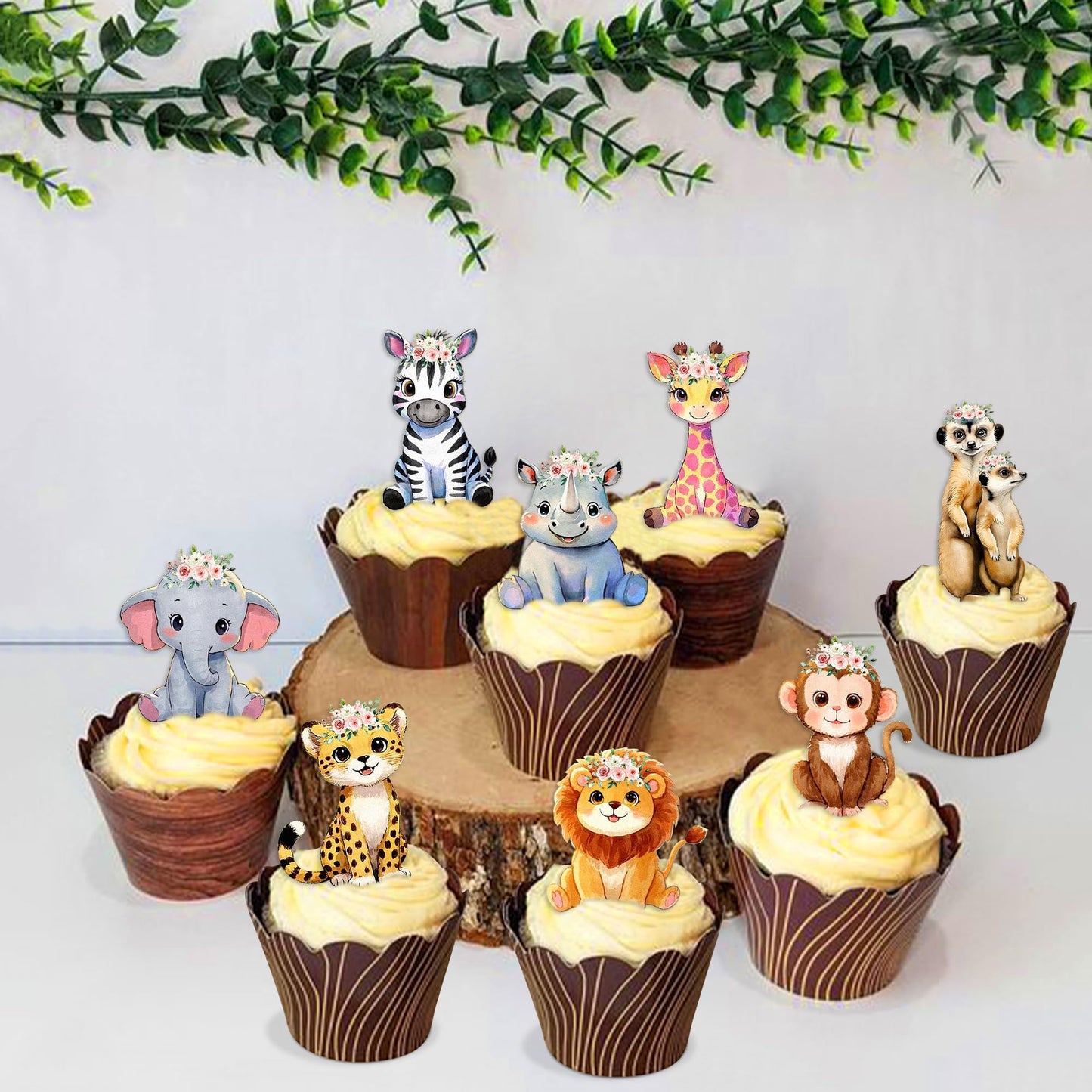40Pcs Edible Floral Jungle Safari Animal Cupcake Toppers Wafer Paper Safari Animal Theme Cake Toppers Decoration For Animal Drin