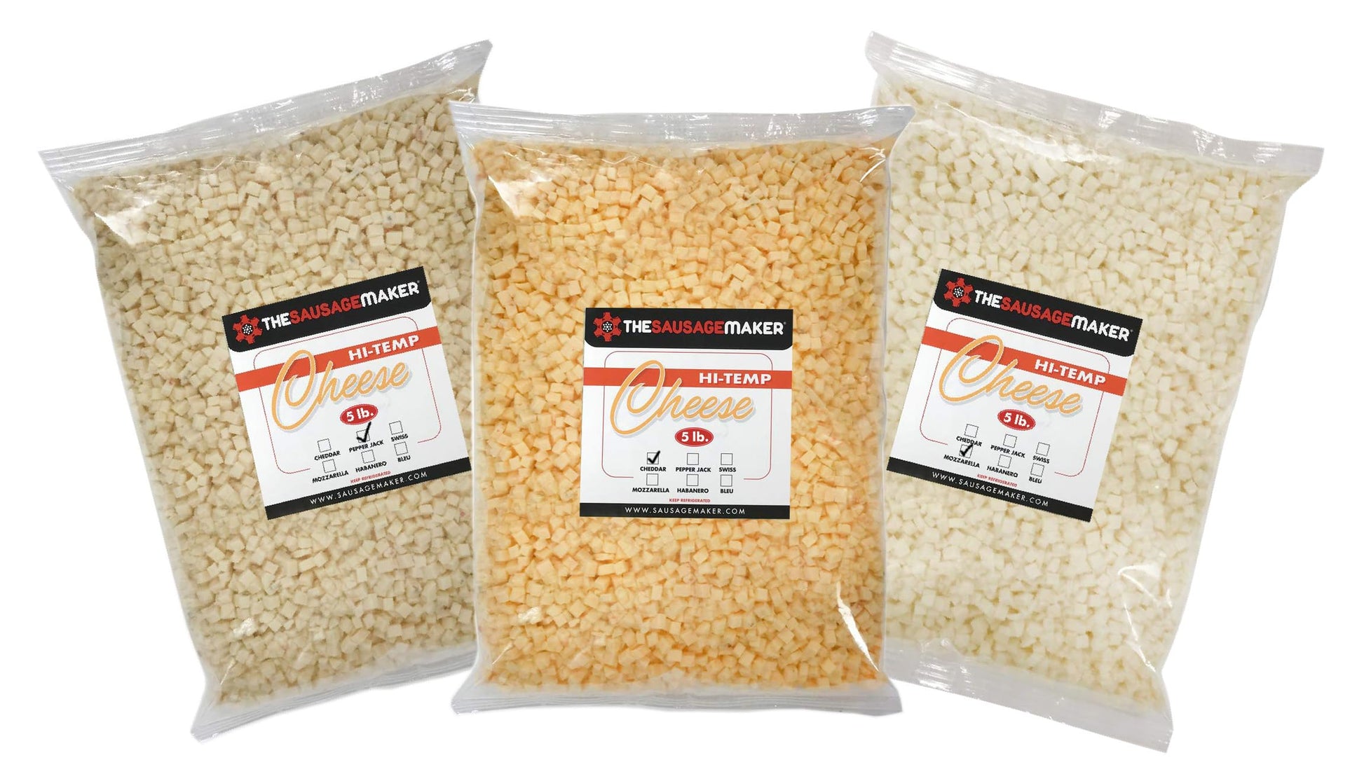 The Sausage Maker High Temperature Cheese Assortment Pack - Cheddar, Hot Pepper, Mozzarella - 3 Packs, 5 lbs Each