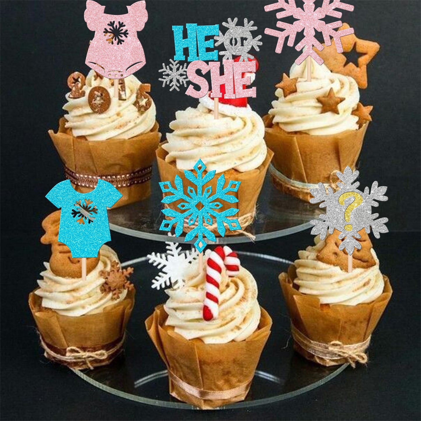 24 Pcs Snowflake Gender Reveal Cupcake Toppers Pink Blue Glitter He Or She Snowflake Cupcake Picks Boy Or Girl Cake Decorations