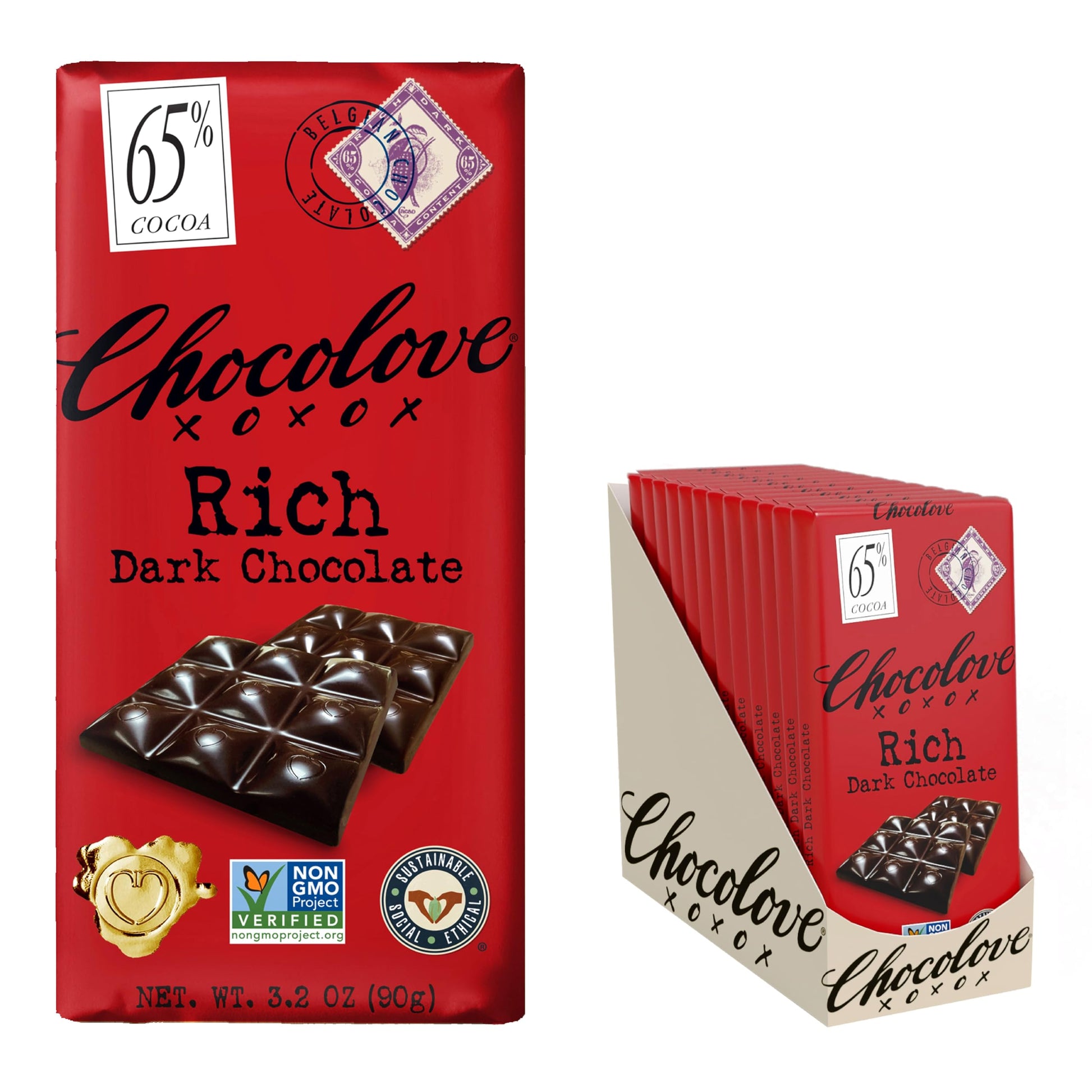 Chocolove Rich Dark Chocolate Bars | 65% Cocoa | Crafted With Semi-Sweet Belgian Chocolate| Non Gmo, Rainforest Alliance Certified, 3.2Oz Bar (12 Pack)