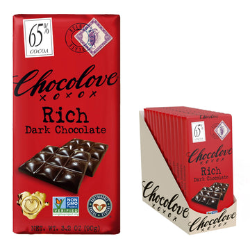 Chocolove Rich Dark Chocolate Bars | 65% Cocoa | Crafted With Semi-Sweet Belgian Chocolate| Non Gmo, Rainforest Alliance Certified, 3.2Oz Bar (12 Pack)