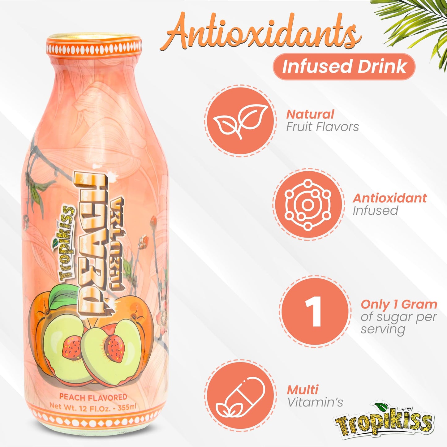 Tropikiss 12-Pack Peach Iced Tea - Antioxidant-Rich Refreshing Drink | Natural Bottled Ice Tea | Healthy & Flavorful Beverage